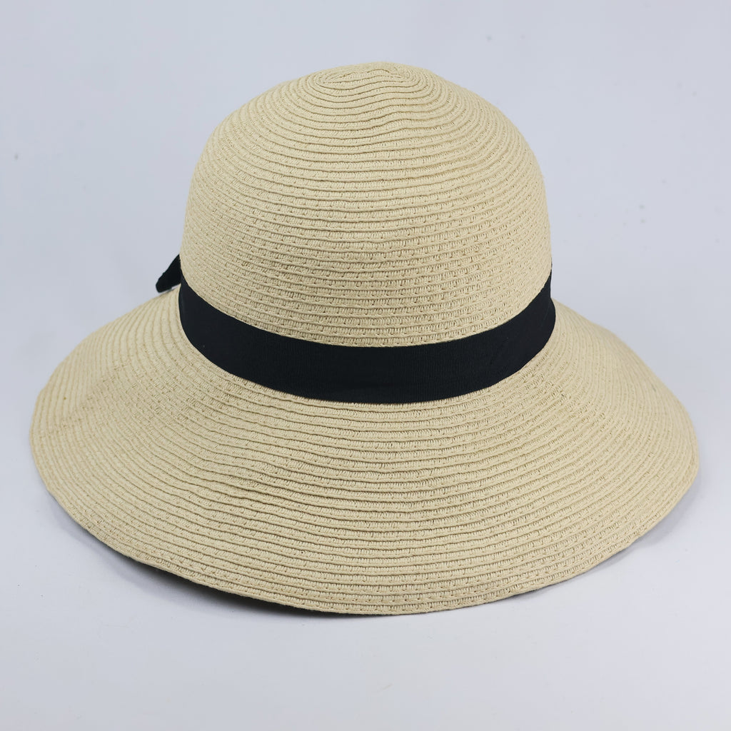 Shoopen Accessories Beige Straw Thrifted Sun Hat with Black Bow
