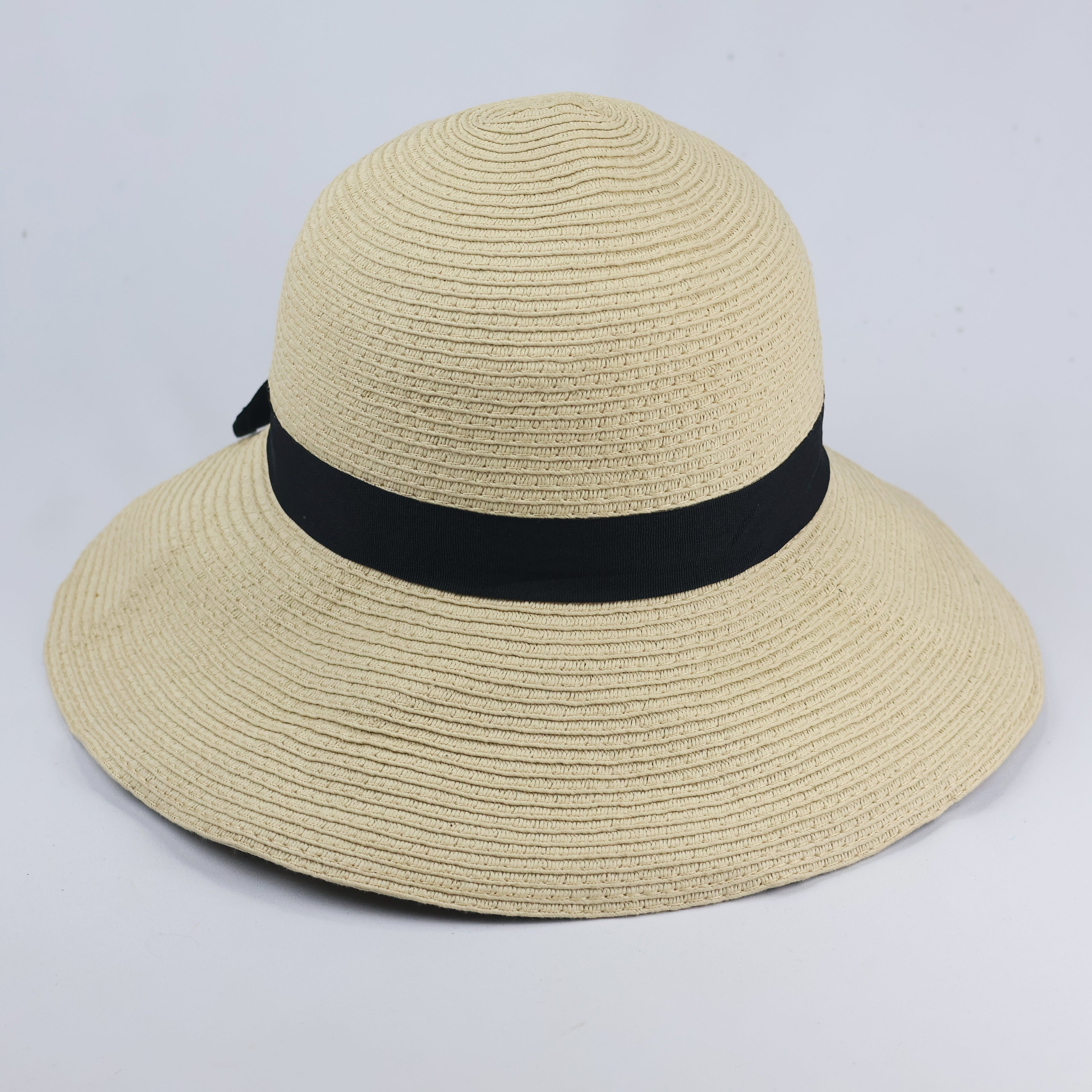 Shoopen Accessories Beige Straw Thrifted Sun Hat with Black Bow
