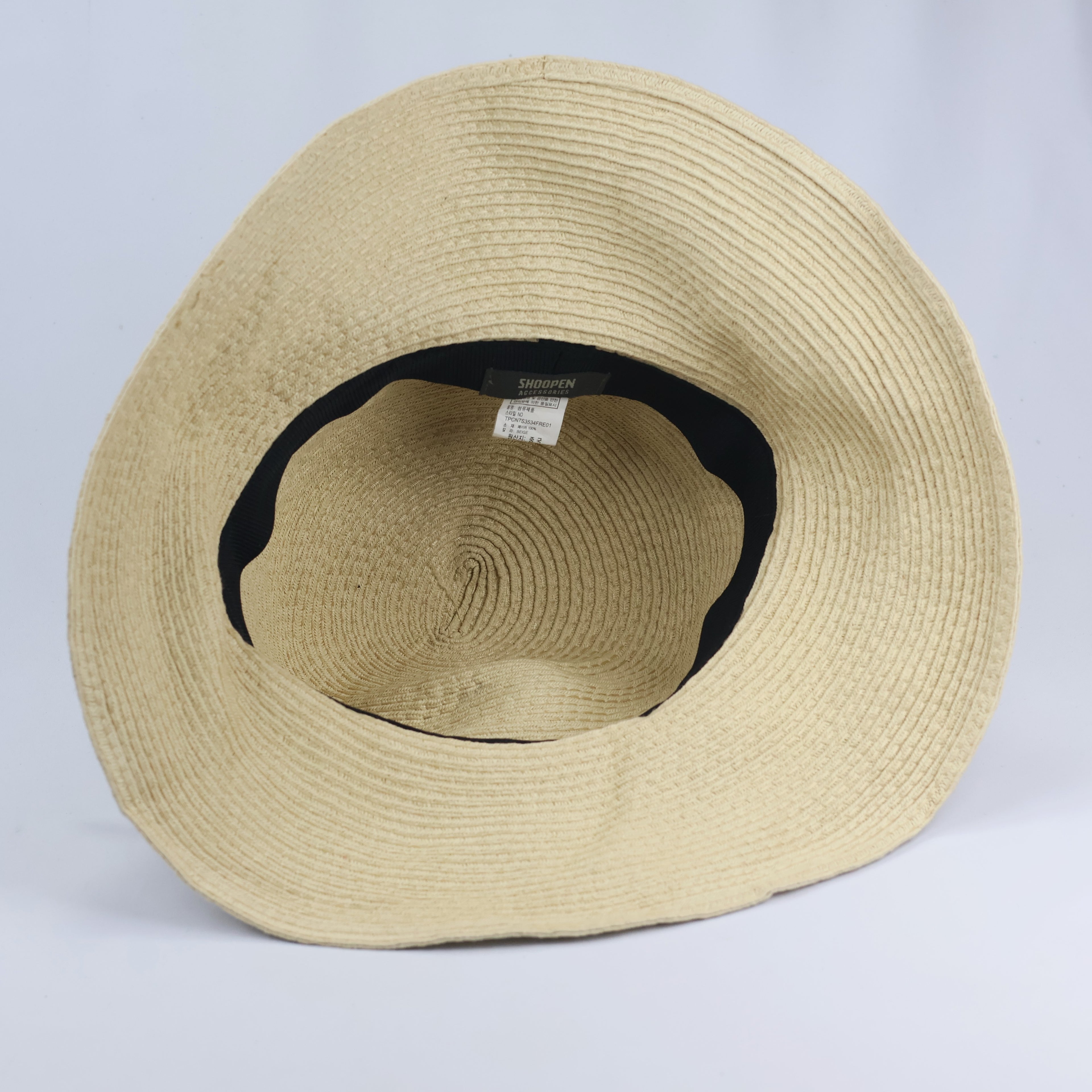 Shoopen Accessories Beige Straw Thrifted Sun Hat with Black Bow