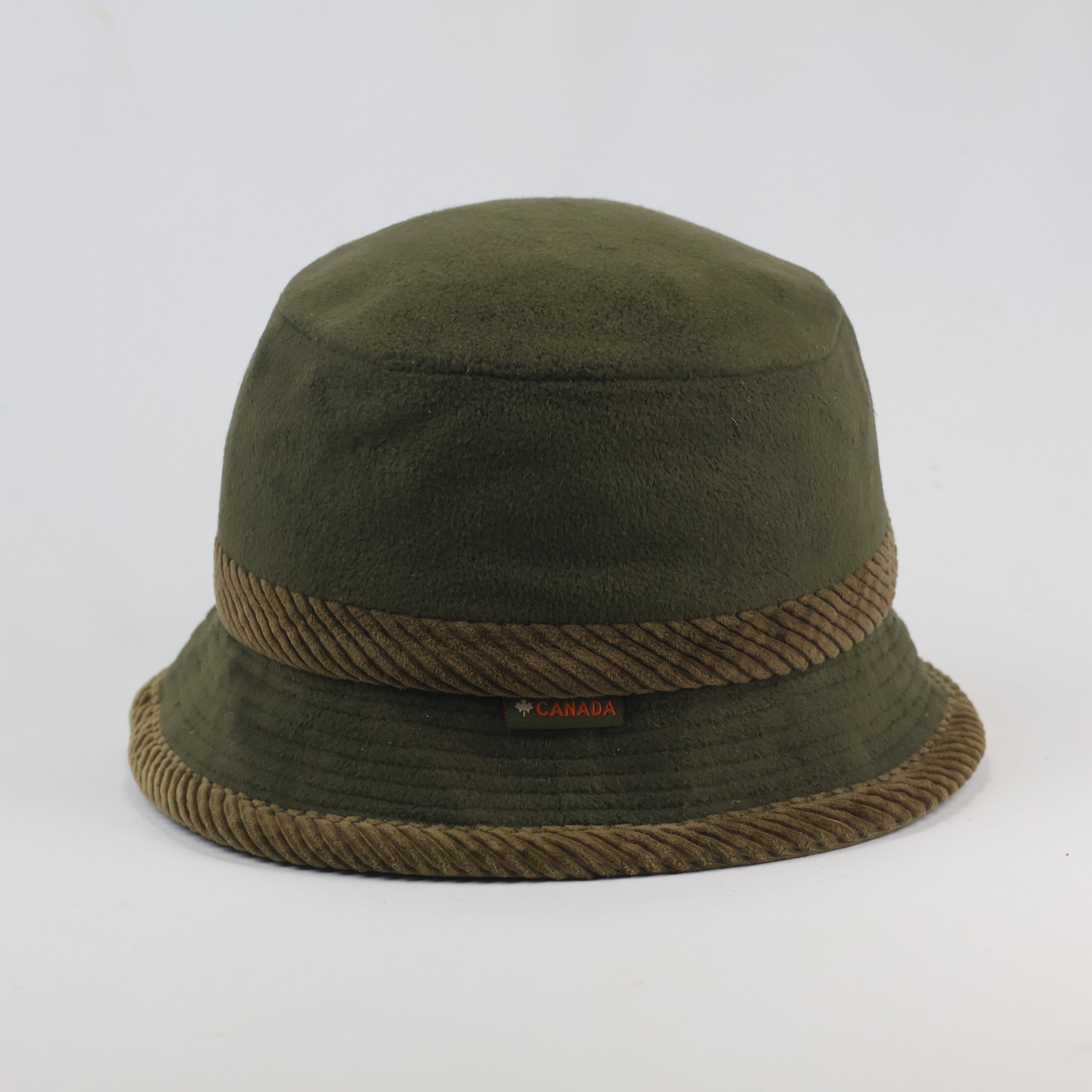 Thrifted Olive Green Fleece & Corduroy Band Sun Winter Bucket Hat - 58 cm