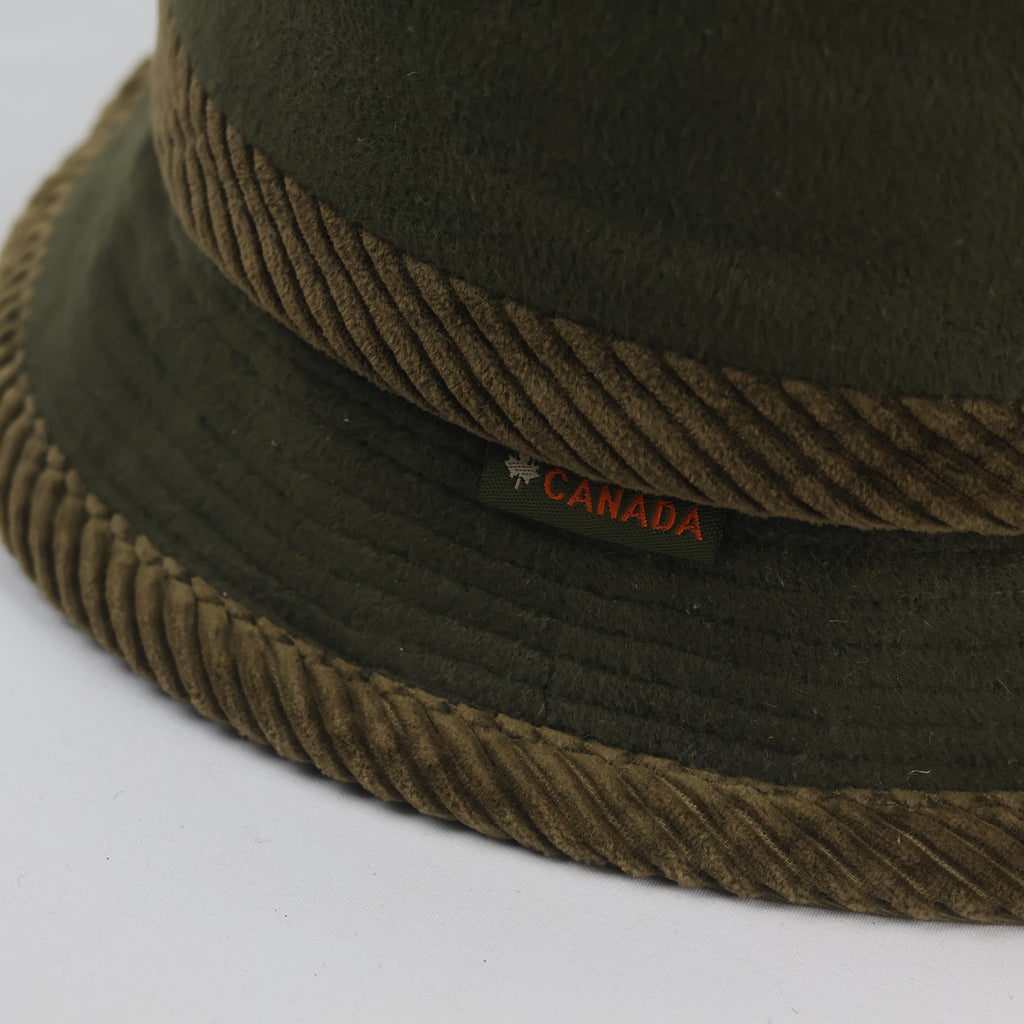 Thrifted Olive Green Fleece & Corduroy Band Sun Winter Bucket Hat - 58 cm