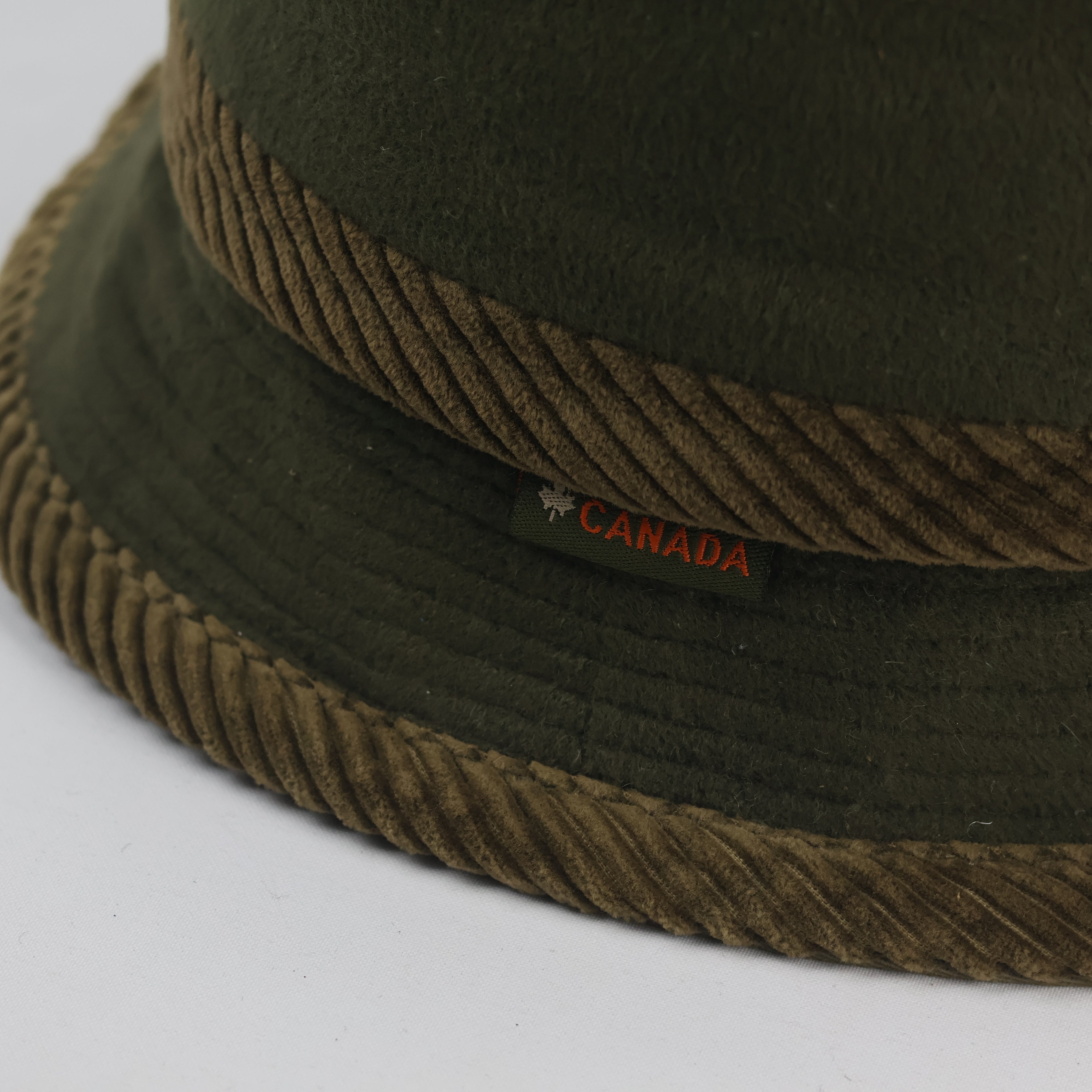 Thrifted Olive Green Fleece & Corduroy Band Sun Winter Bucket Hat - 58 cm