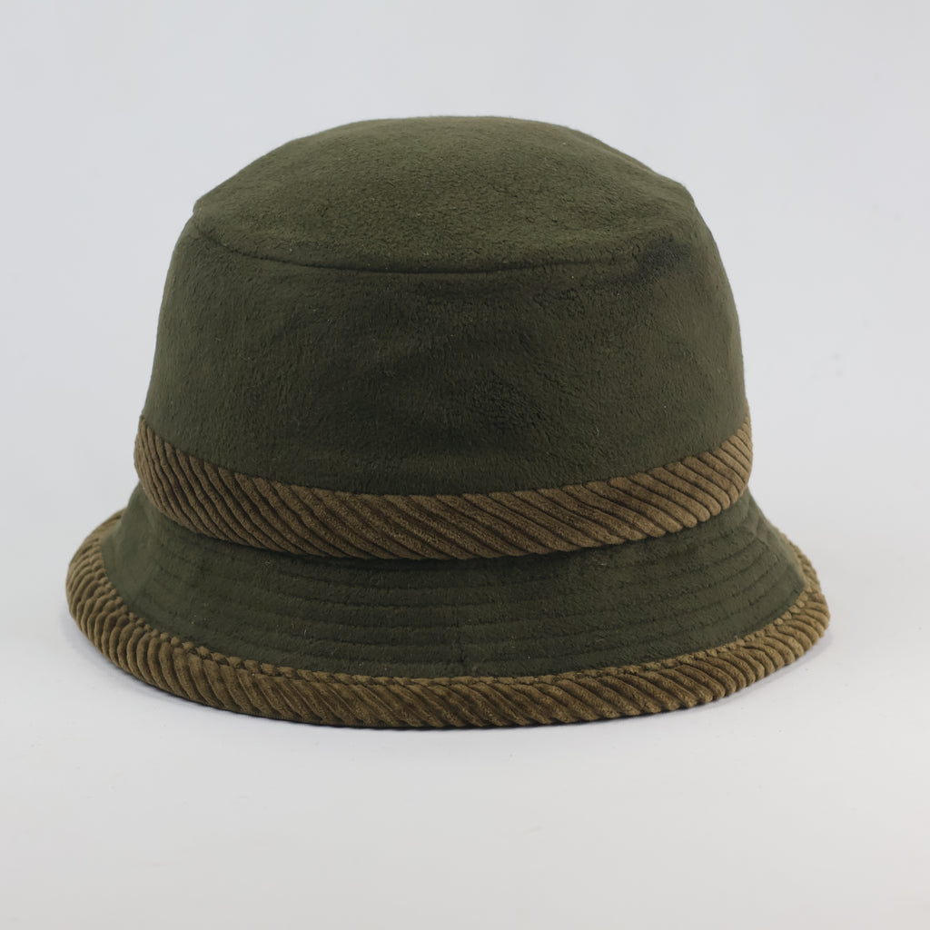 Thrifted Olive Green Fleece & Corduroy Band Sun Winter Bucket Hat - 58 cm