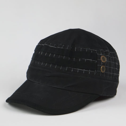 Black Cadet Cap with Grid Print Details