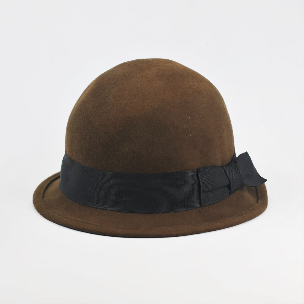 H&M Divided Brown Wool Cloche Thrifted Hat | Vintage Style Bow Cap | Size L/58
