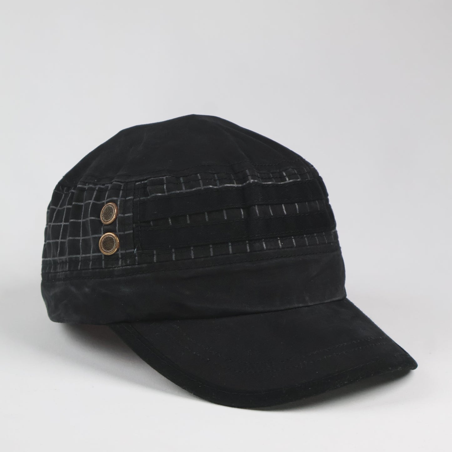 Black Cadet Cap with Grid Print Details