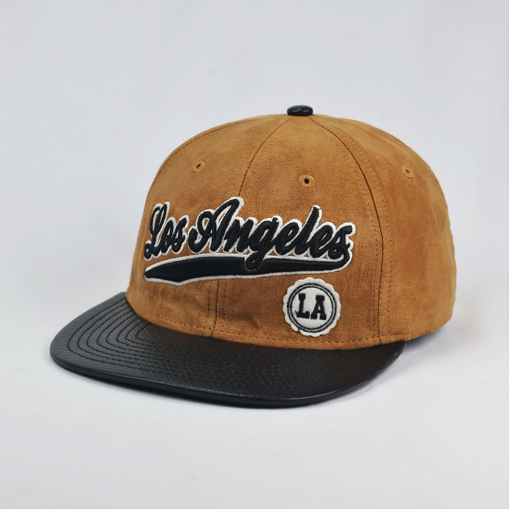 Los Angeles Script Snapback Hat – Camel Suede & Faux Snakeskin Brim