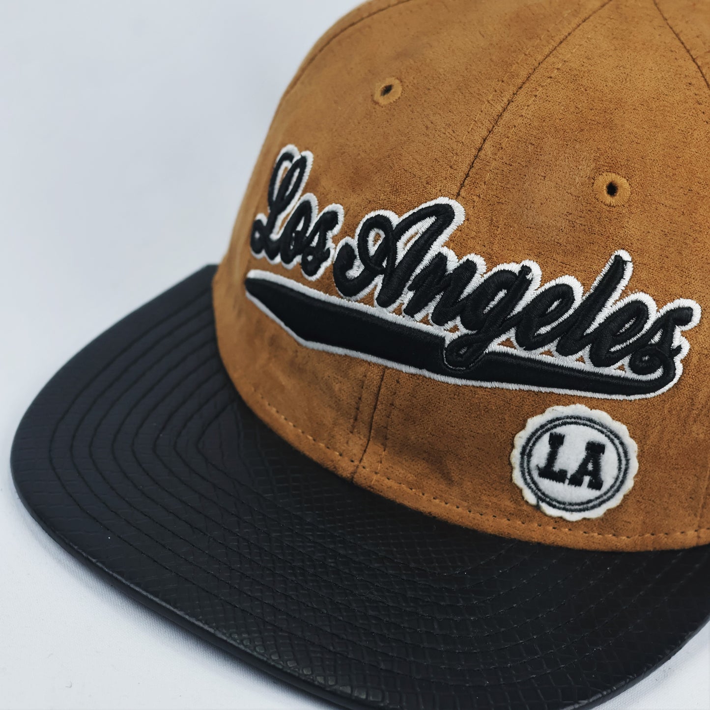 Los Angeles Script Snapback Hat – Camel Suede & Faux Snakeskin Brim