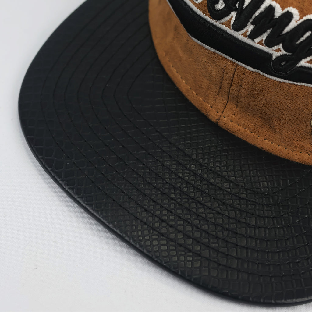 Los Angeles Script Snapback Hat – Camel Suede & Faux Snakeskin Brim