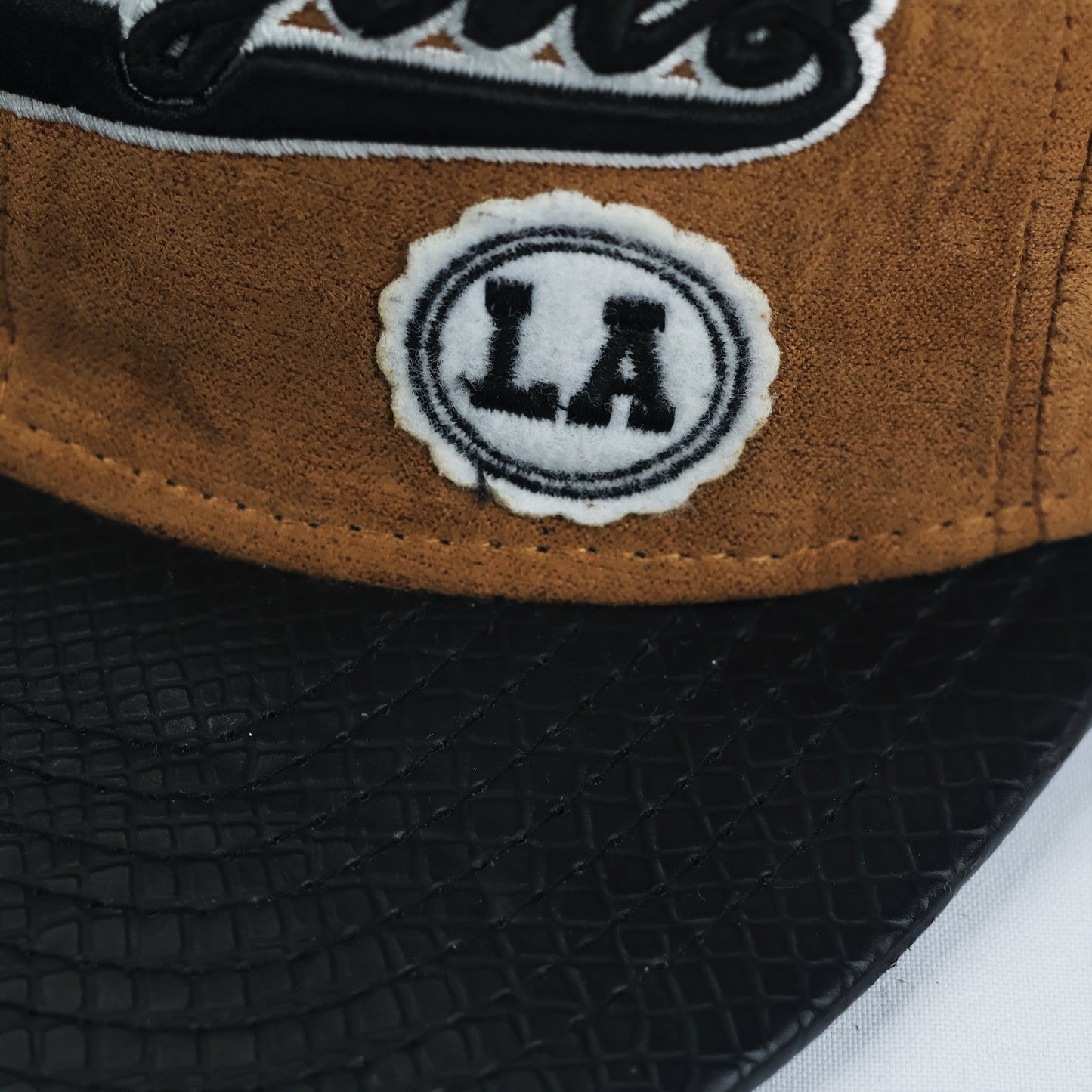 Los Angeles Script Snapback Hat – Camel Suede & Faux Snakeskin Brim