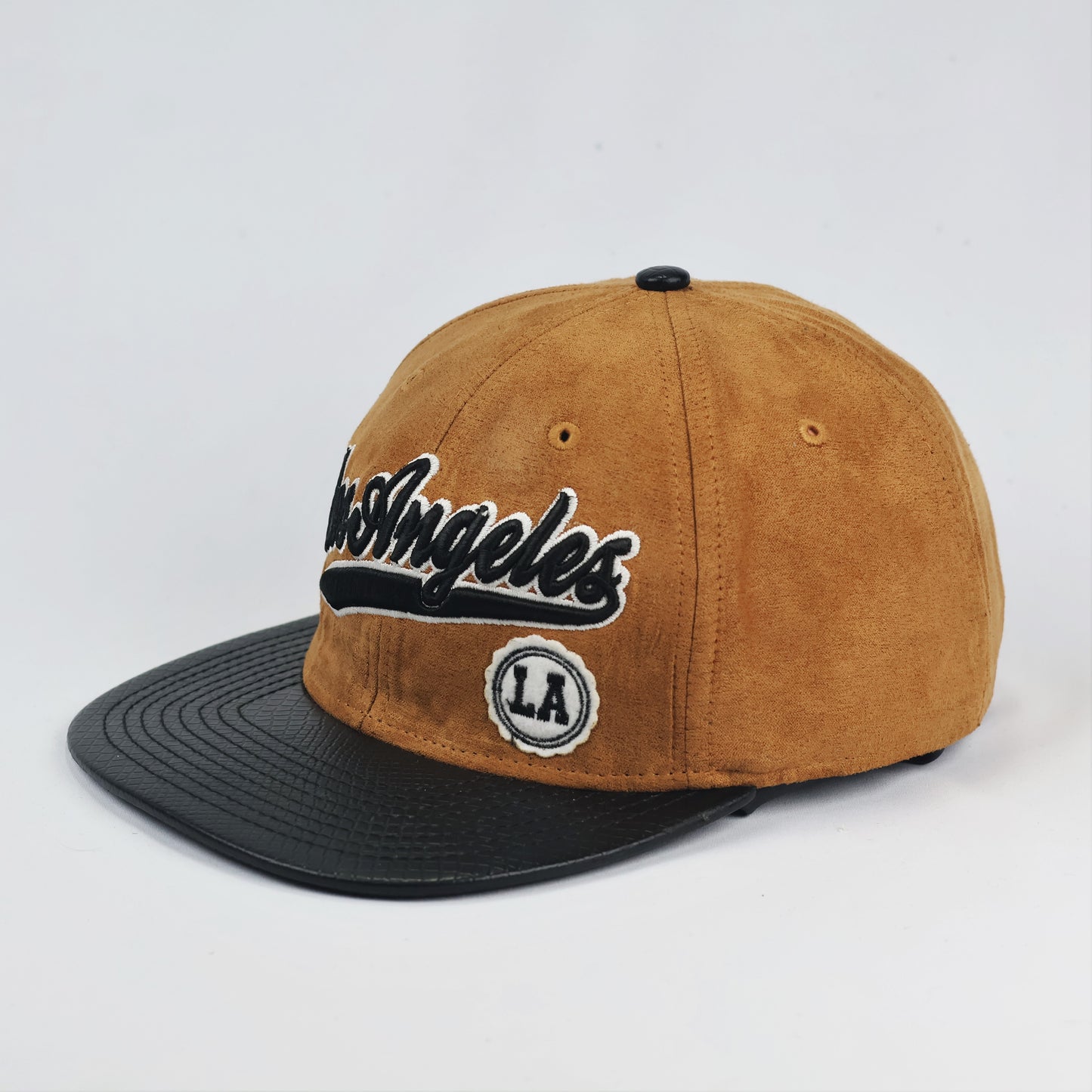 Los Angeles Script Snapback Hat – Camel Suede & Faux Snakeskin Brim