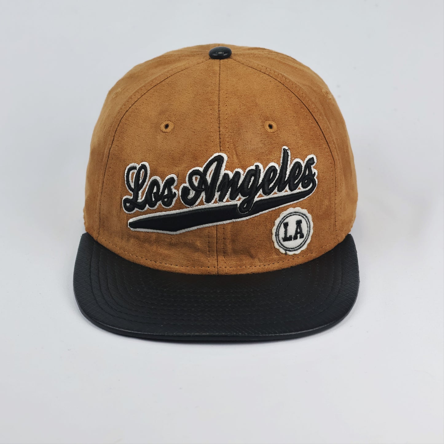 Los Angeles Script Snapback Hat – Camel Suede & Faux Snakeskin Brim