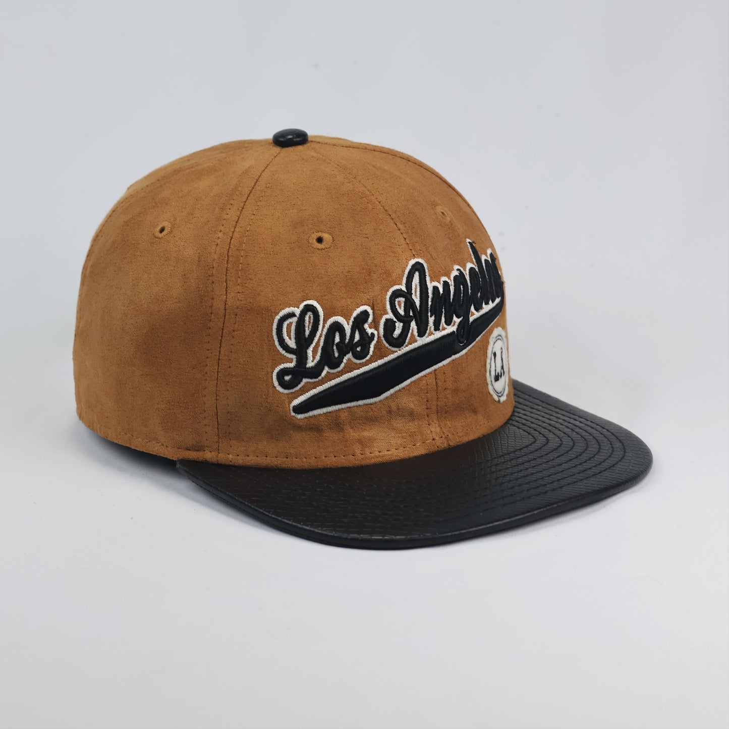 Los Angeles Script Snapback Hat – Camel Suede & Faux Snakeskin Brim
