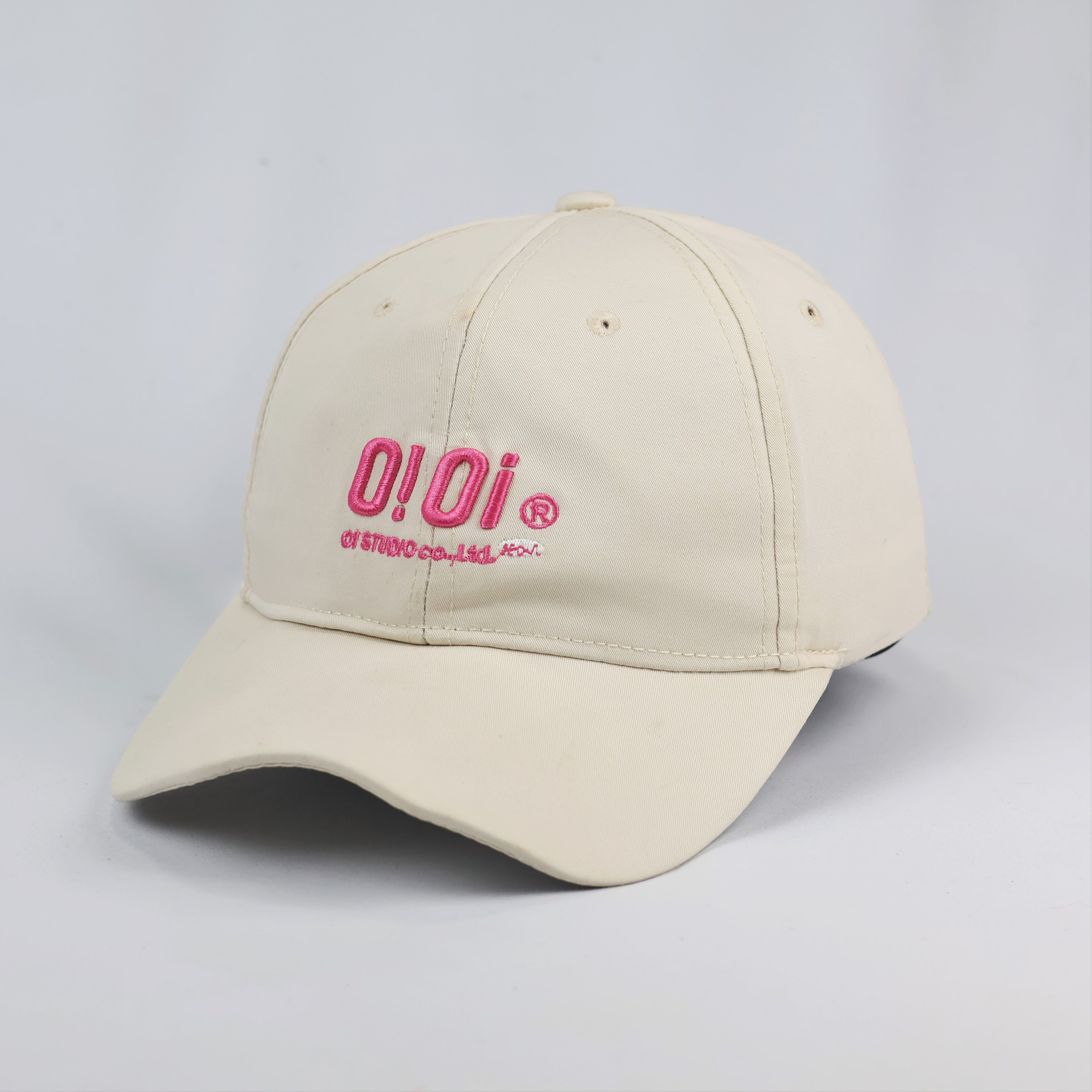 Authentic O!Oi Studio Beige Thrifted Baseball Cap - Pink Embroidered Logo Hat