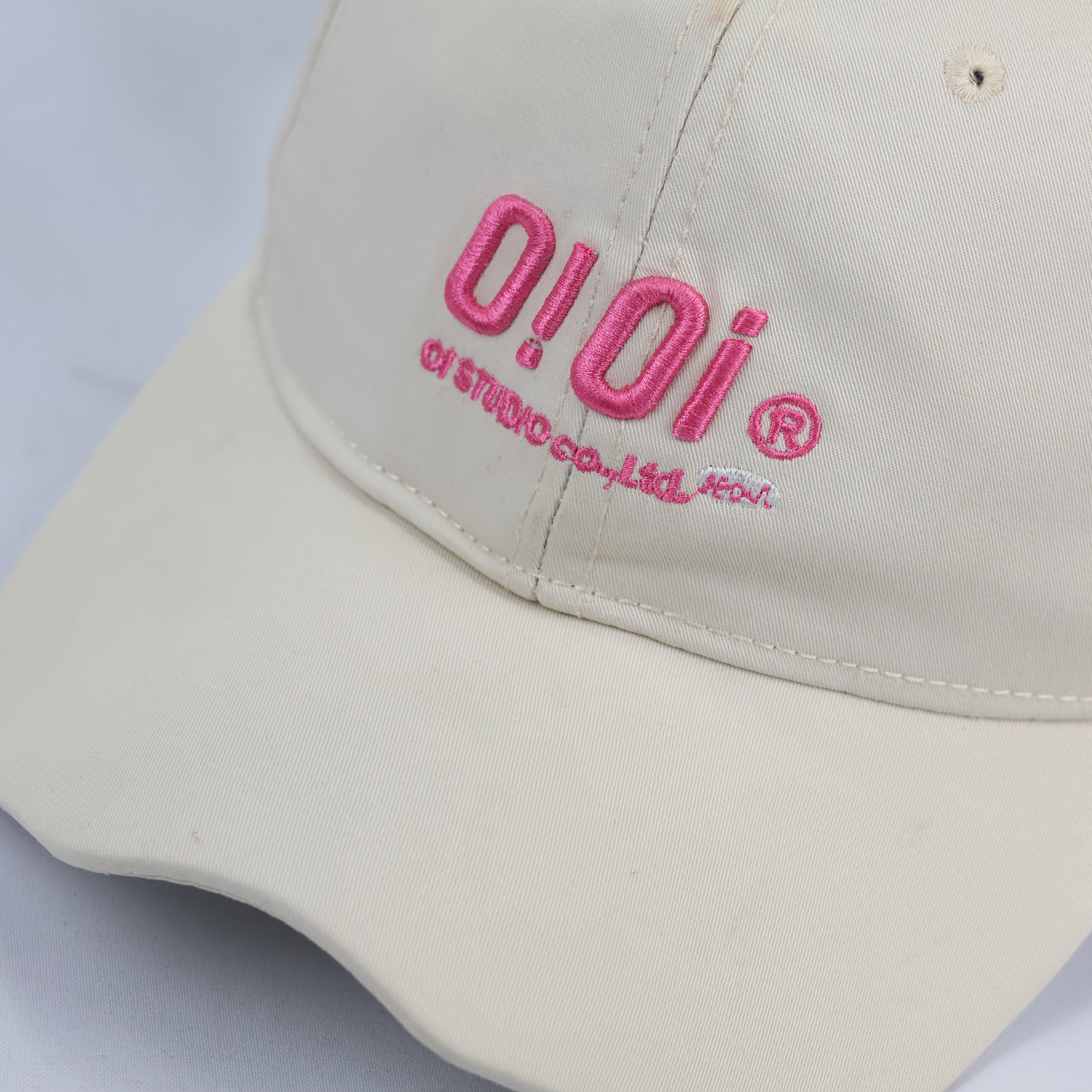 Authentic O!Oi Studio Beige Thrifted Baseball Cap - Pink Embroidered Logo Hat