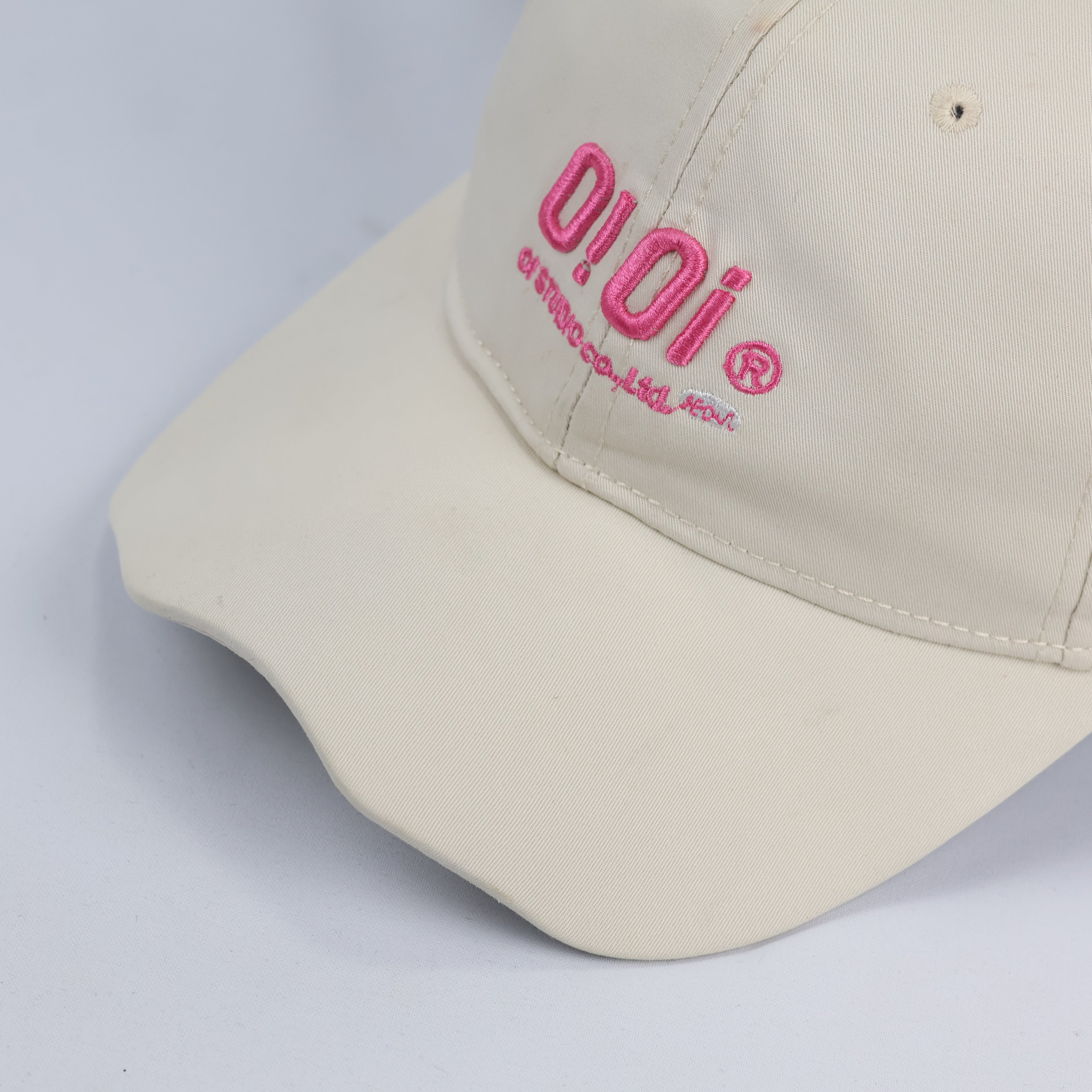 Authentic O!Oi Studio Beige Thrifted Baseball Cap - Pink Embroidered Logo Hat