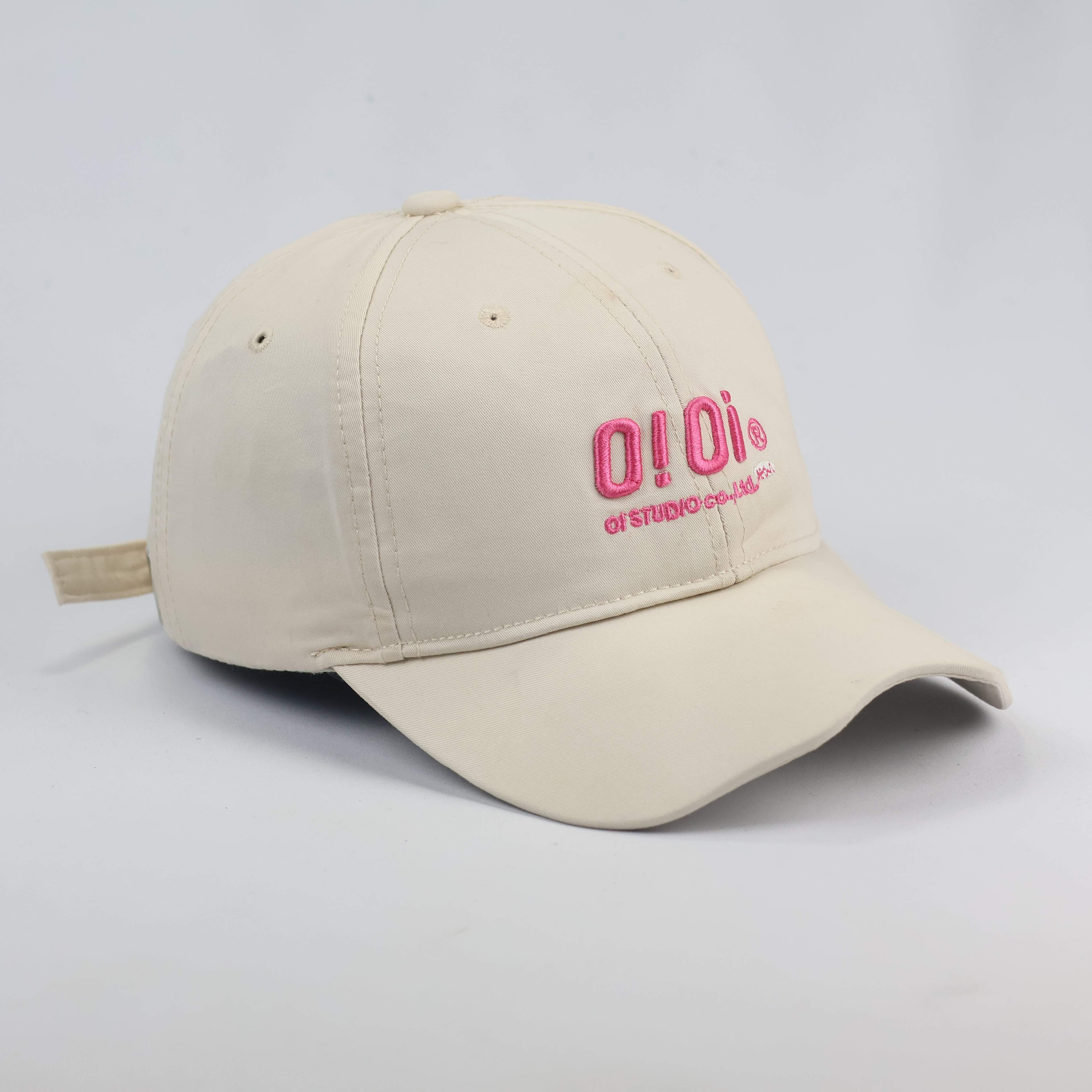 Authentic O!Oi Studio Beige Thrifted Baseball Cap - Pink Embroidered Logo Hat