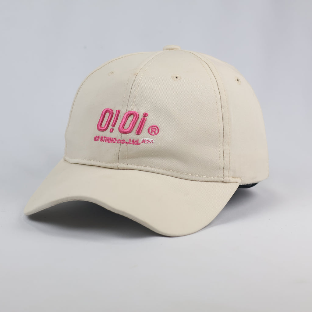 Authentic O!Oi Studio Beige Thrifted Baseball Cap - Pink Embroidered Logo Hat