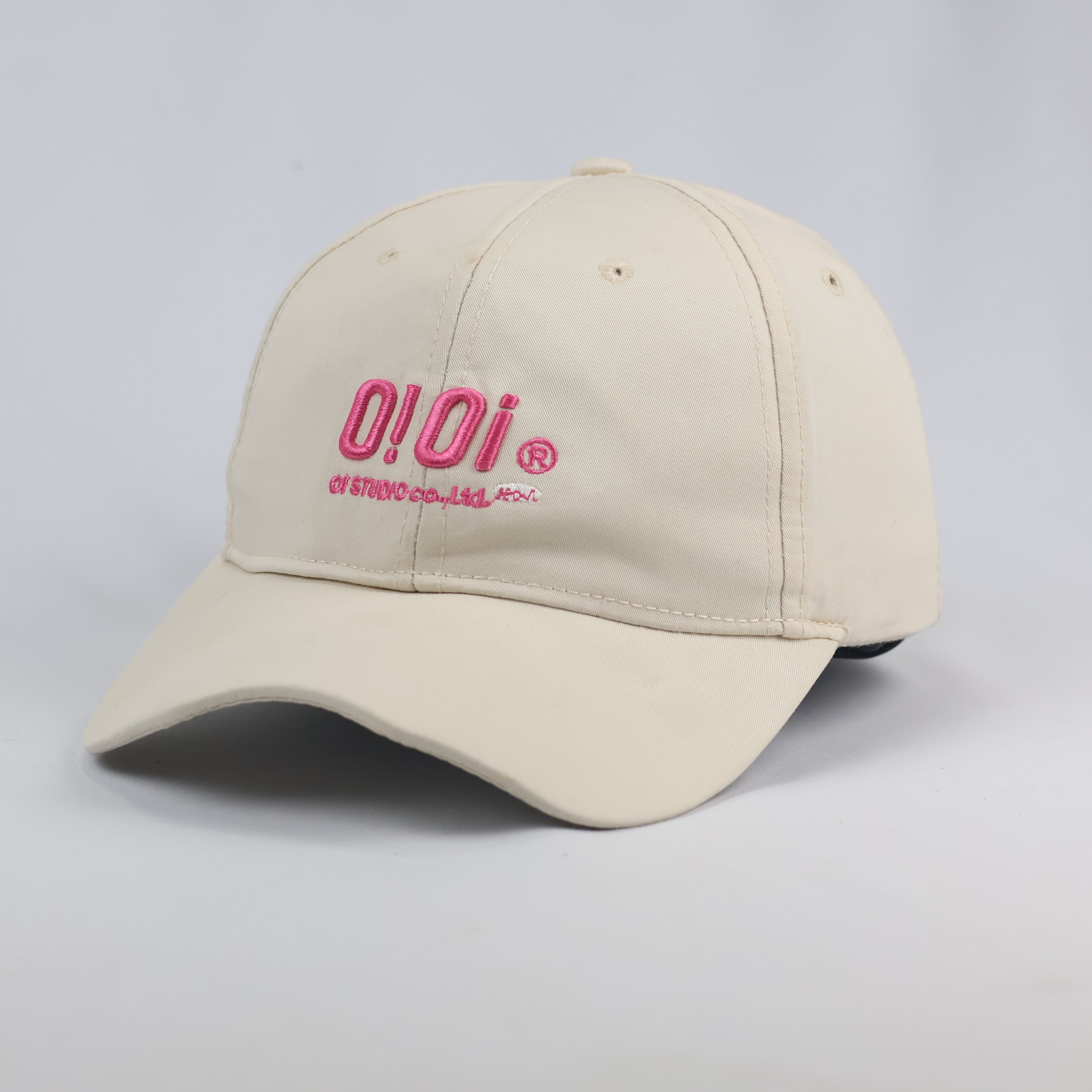 Authentic O!Oi Studio Beige Thrifted Baseball Cap - Pink Embroidered Logo Hat
