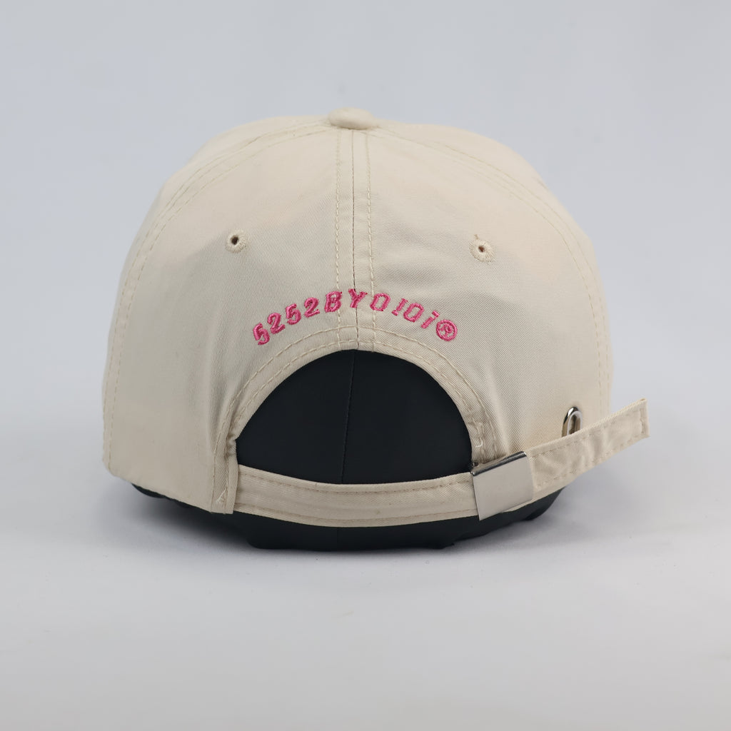 Authentic O!Oi Studio Beige Thrifted Baseball Cap - Pink Embroidered Logo Hat
