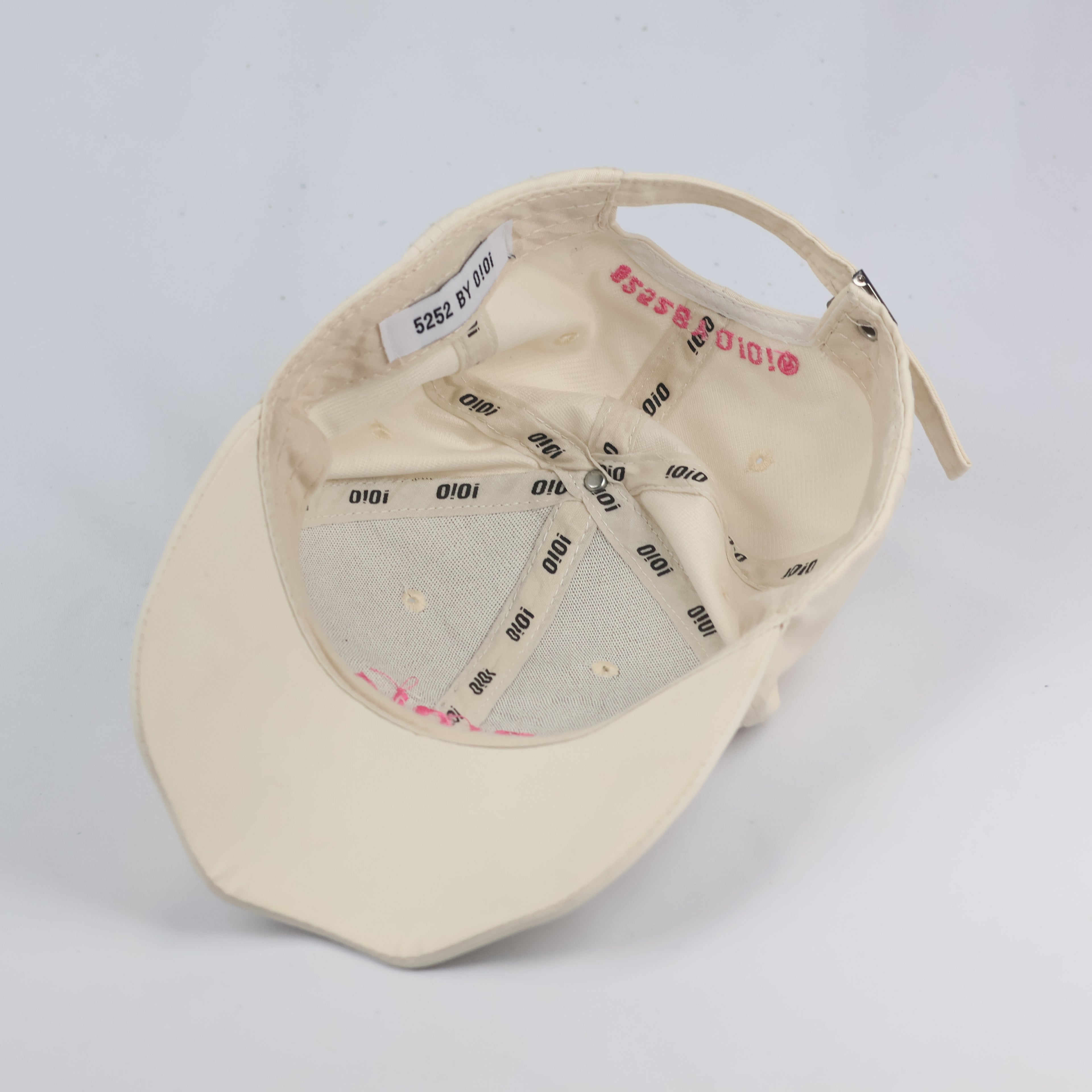 Authentic O!Oi Studio Beige Thrifted Baseball Cap - Pink Embroidered Logo Hat