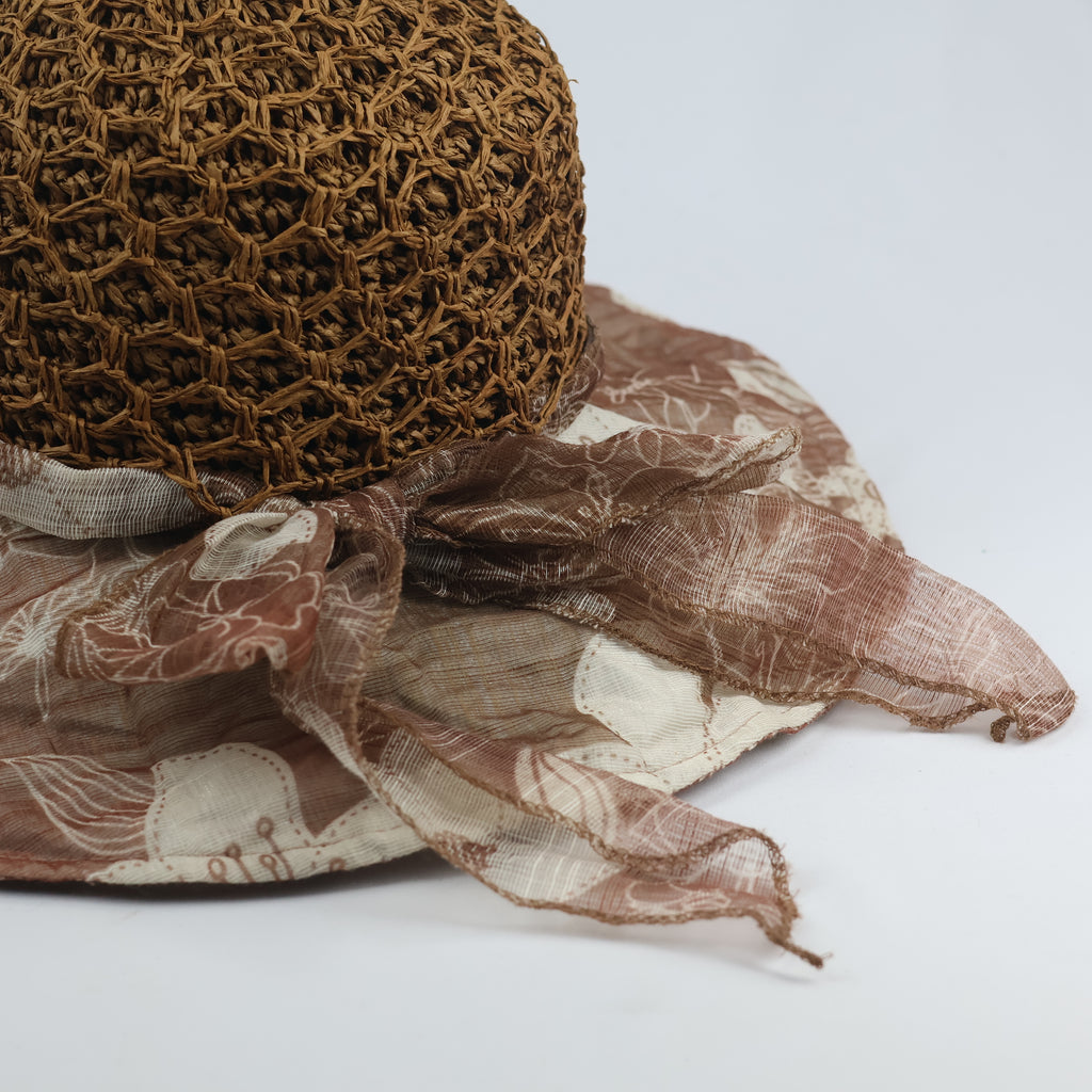 Vintage Boater Style Woven Straw Thrifted Sun Hat – Floral Organza Ribbon