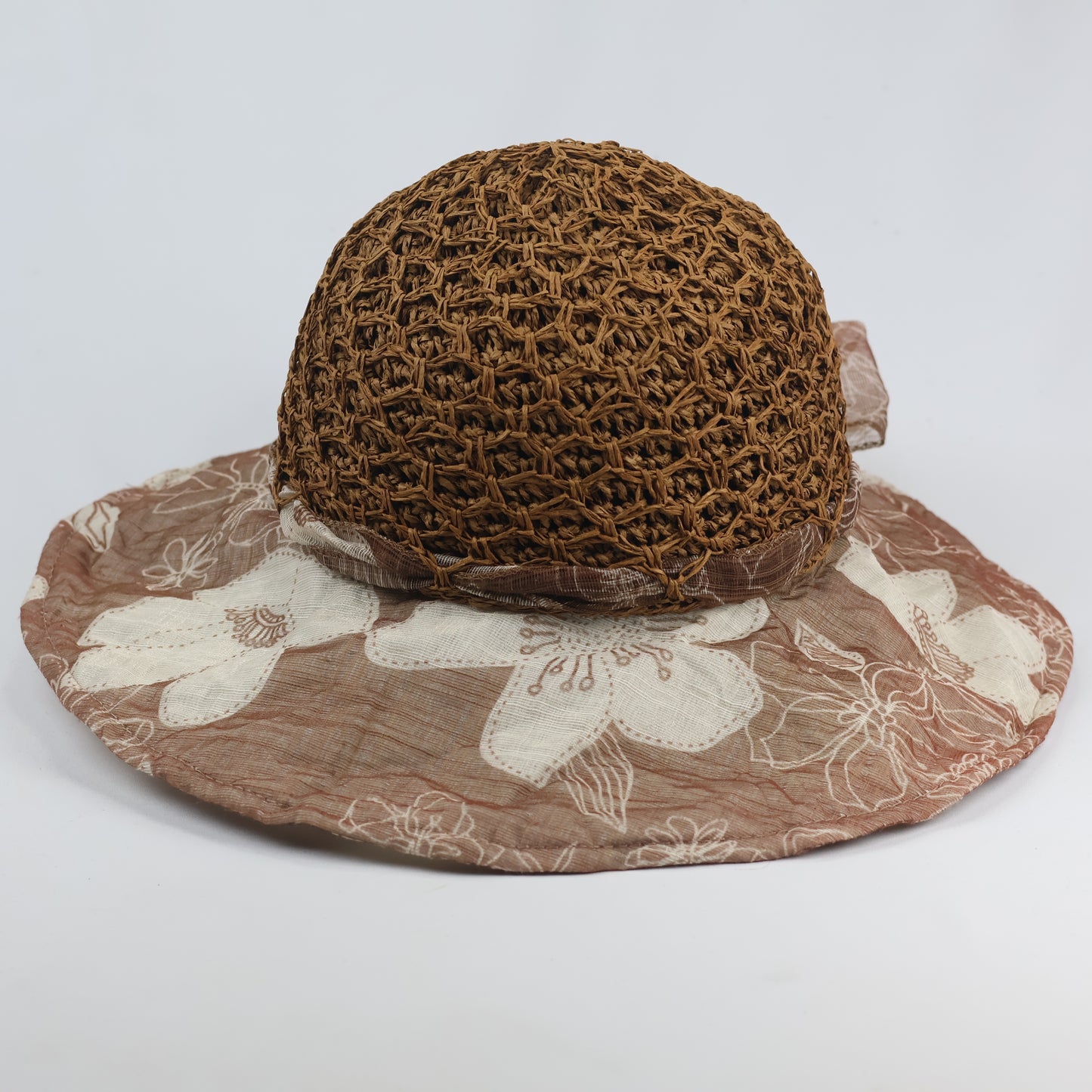 Vintage Boater Style Woven Straw Thrifted Sun Hat – Floral Organza Ribbon