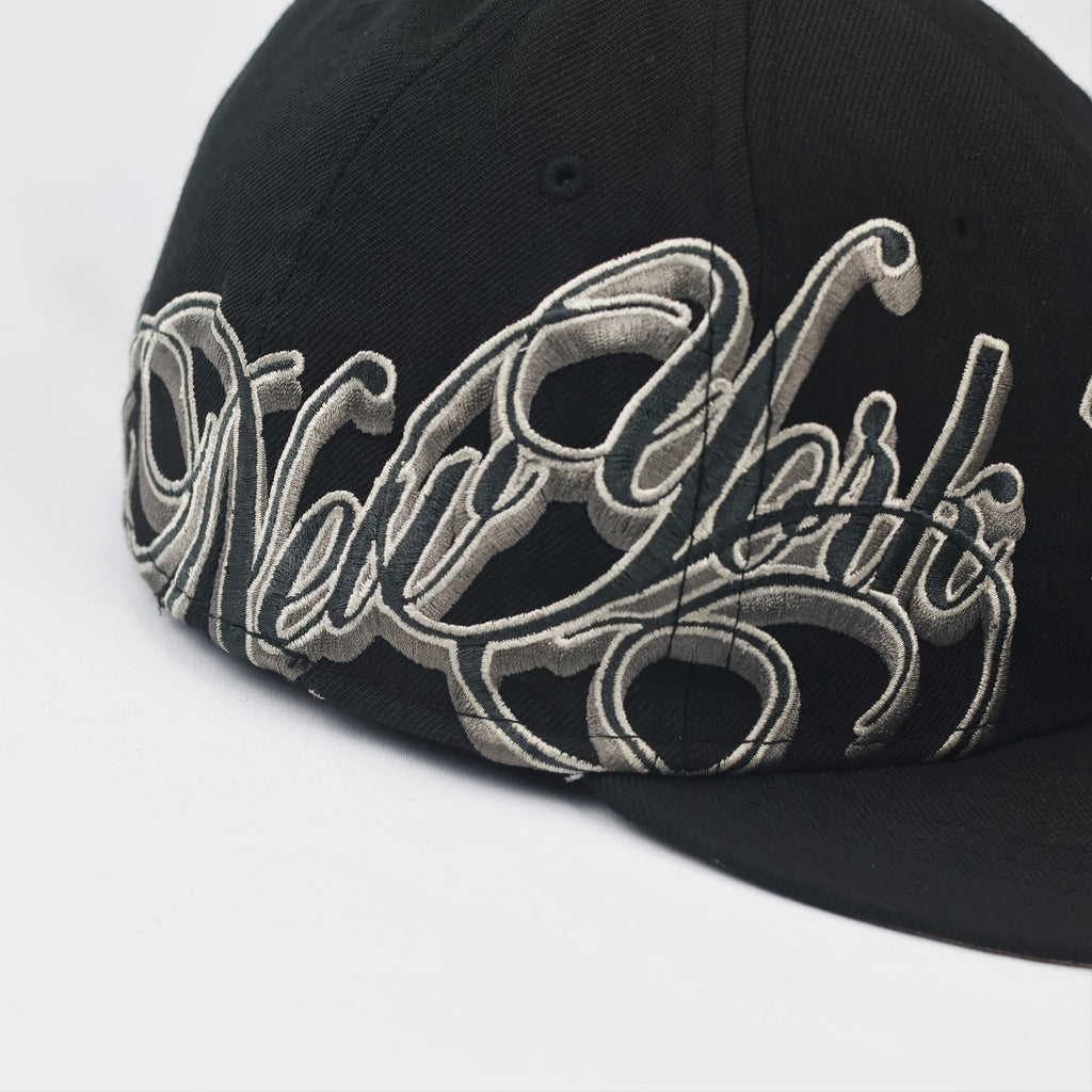 Vintage NY Yankees New Era Fitted Thrifted Hat | Black & Grey Script Logo | 59FIFTY