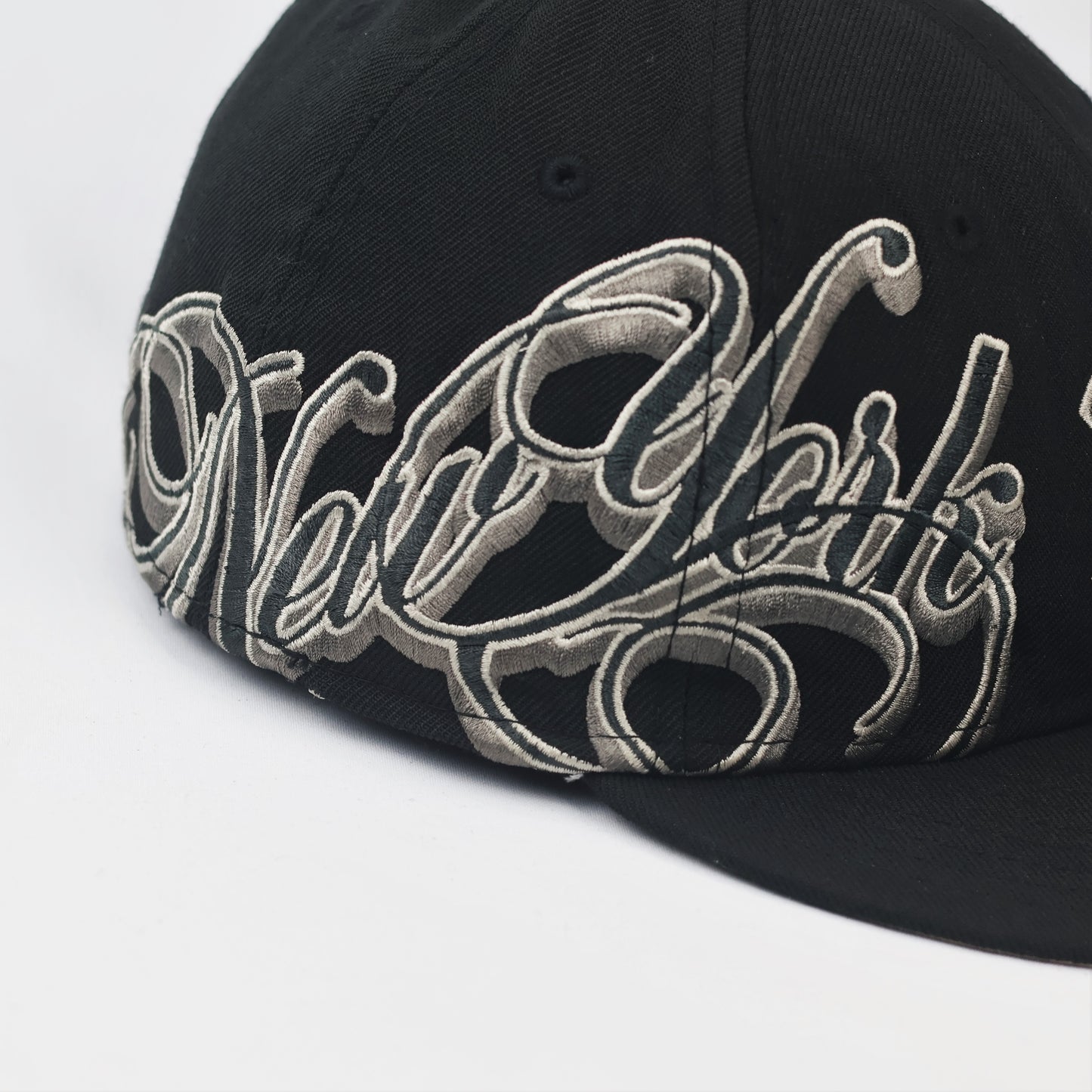 Vintage NY Yankees New Era Fitted Thrifted Hat | Black & Grey Script Logo | 59FIFTY