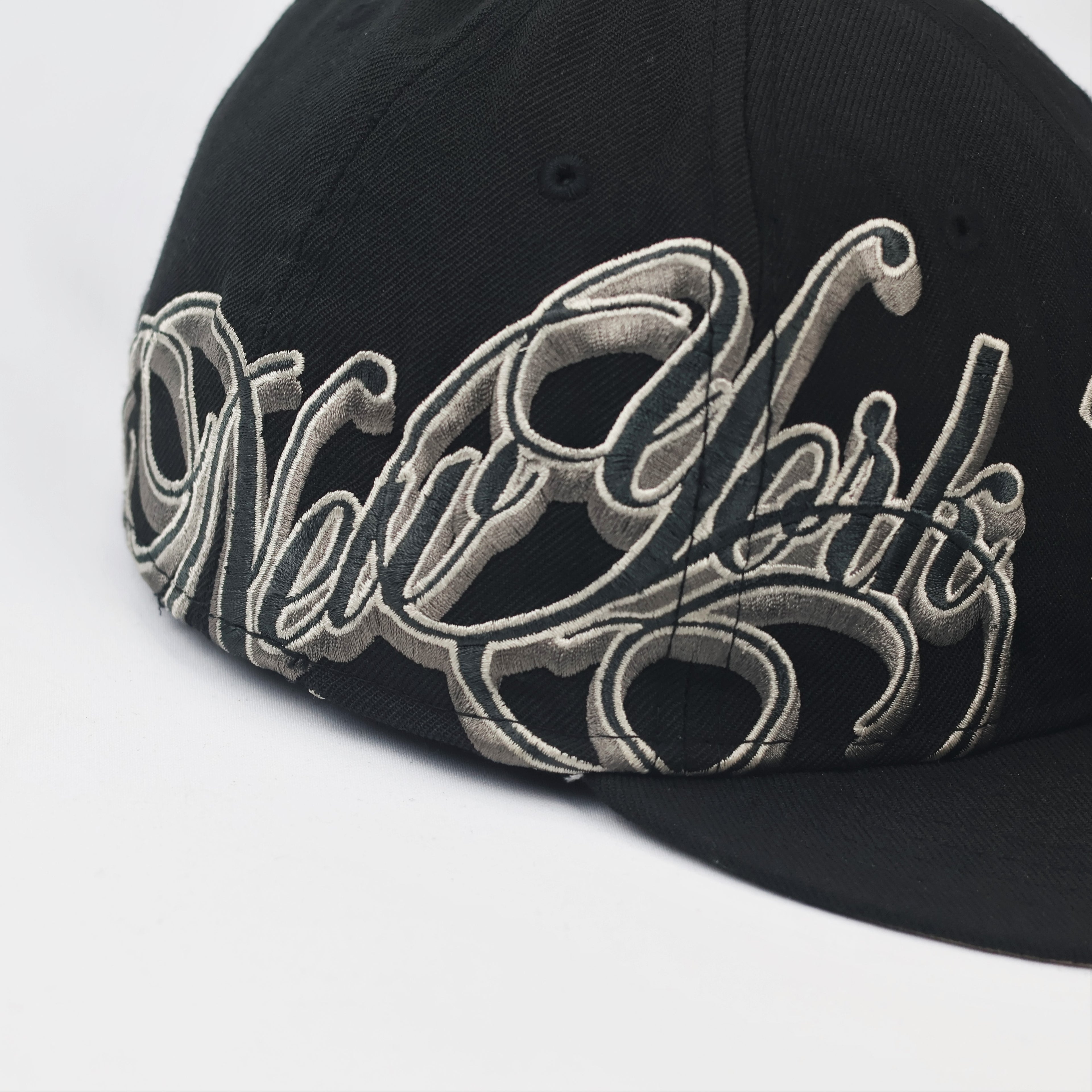Vintage NY Yankees New Era Fitted Thrifted Hat | Black & Grey Script Logo | 59FIFTY