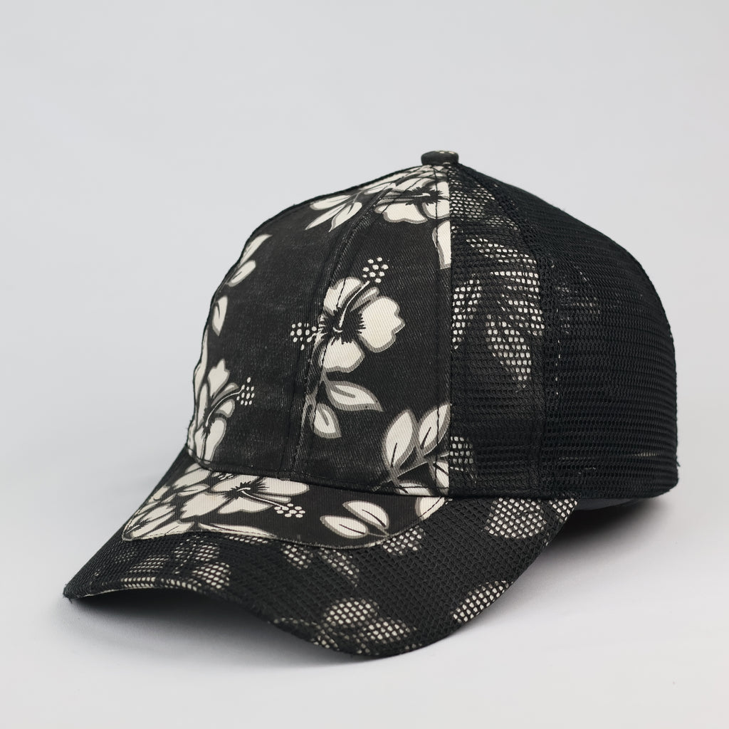 Vintage Tropical Floral Print Mesh Trucker Cap Black