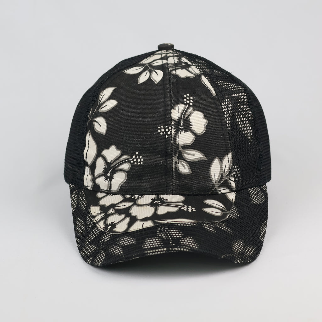 Vintage Tropical Floral Print Mesh Trucker Cap Black