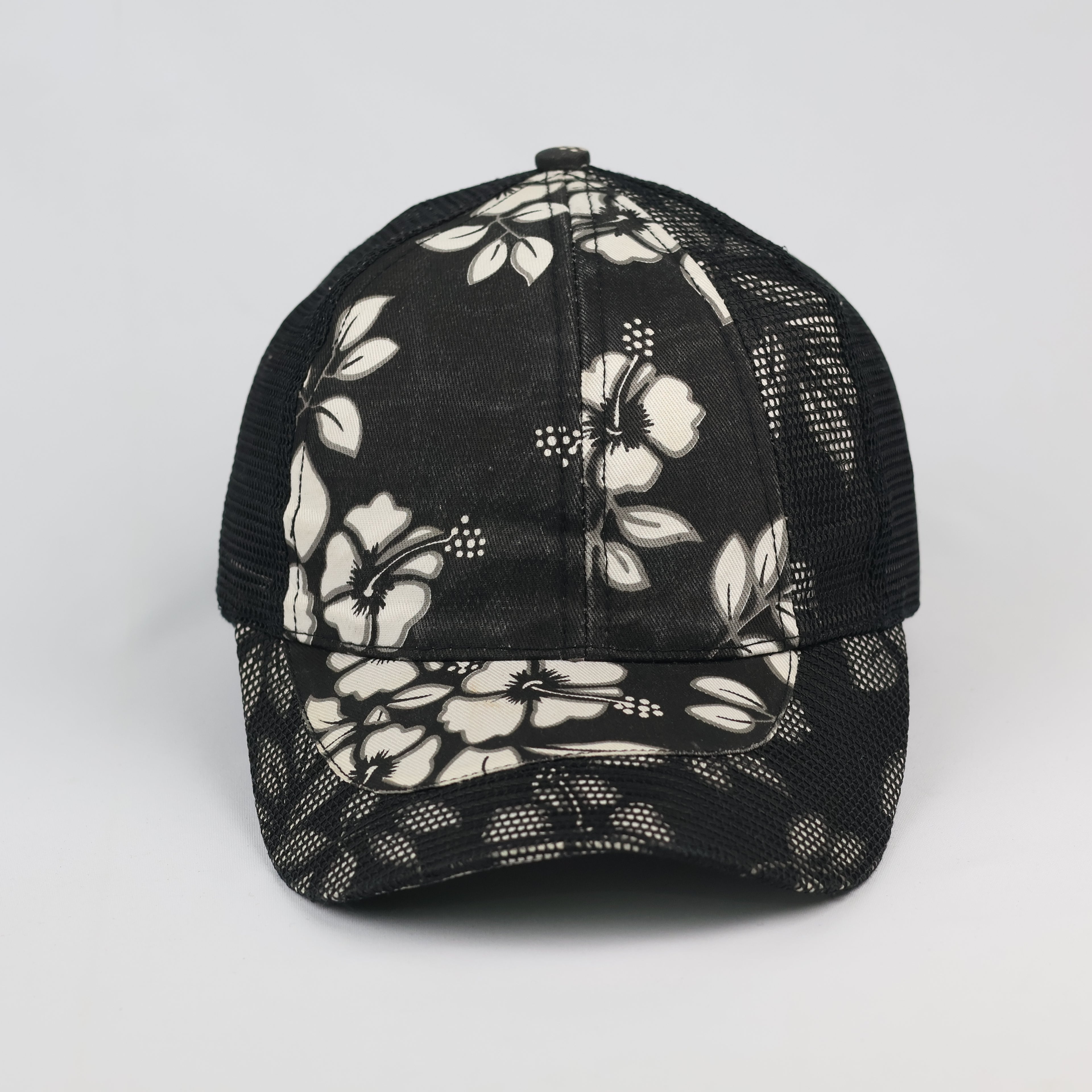 Vintage Tropical Floral Print Mesh Trucker Cap Black