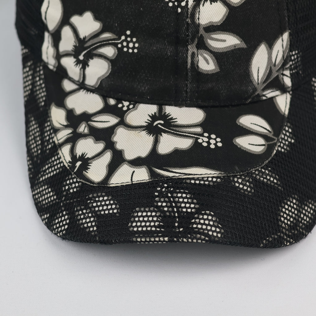 Vintage Tropical Floral Print Mesh Trucker Cap Black
