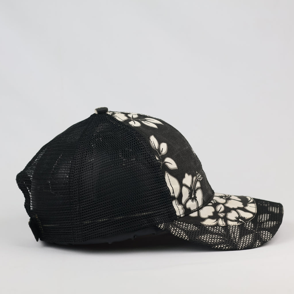 Vintage Tropical Floral Print Mesh Trucker Cap Black