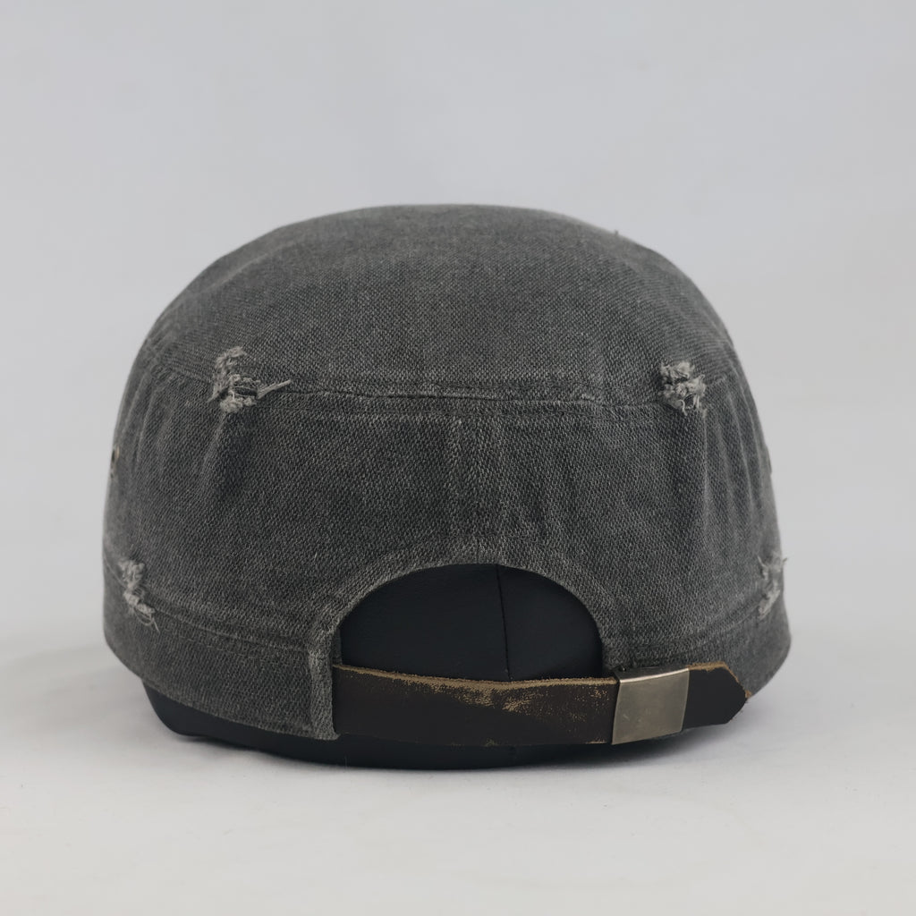 Thrifted Grunge Ripped Military Patrol Hat with Leather Strap | 10220