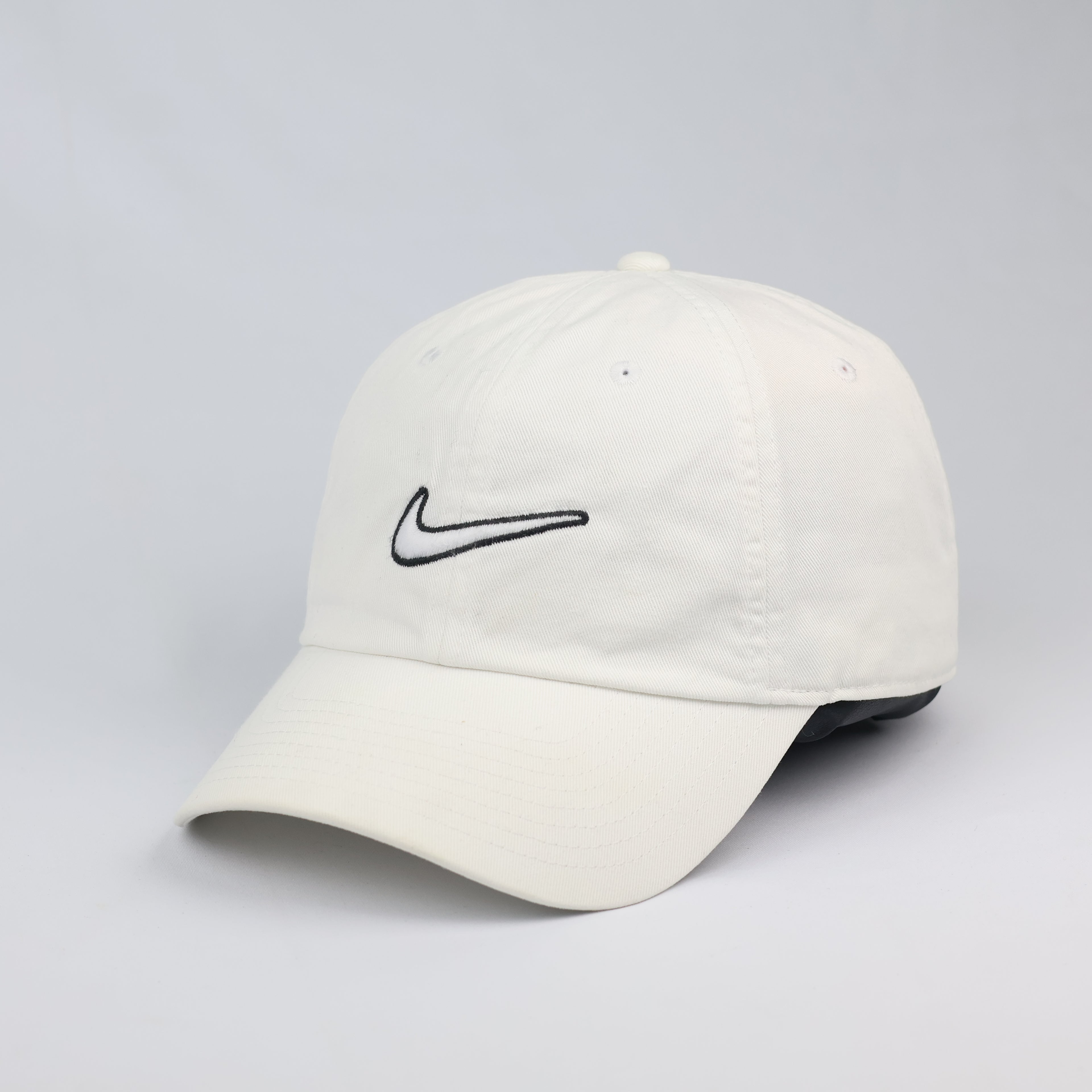Nike unstructured Cream Dad Hat with Black Outline Thrifted Swoosh