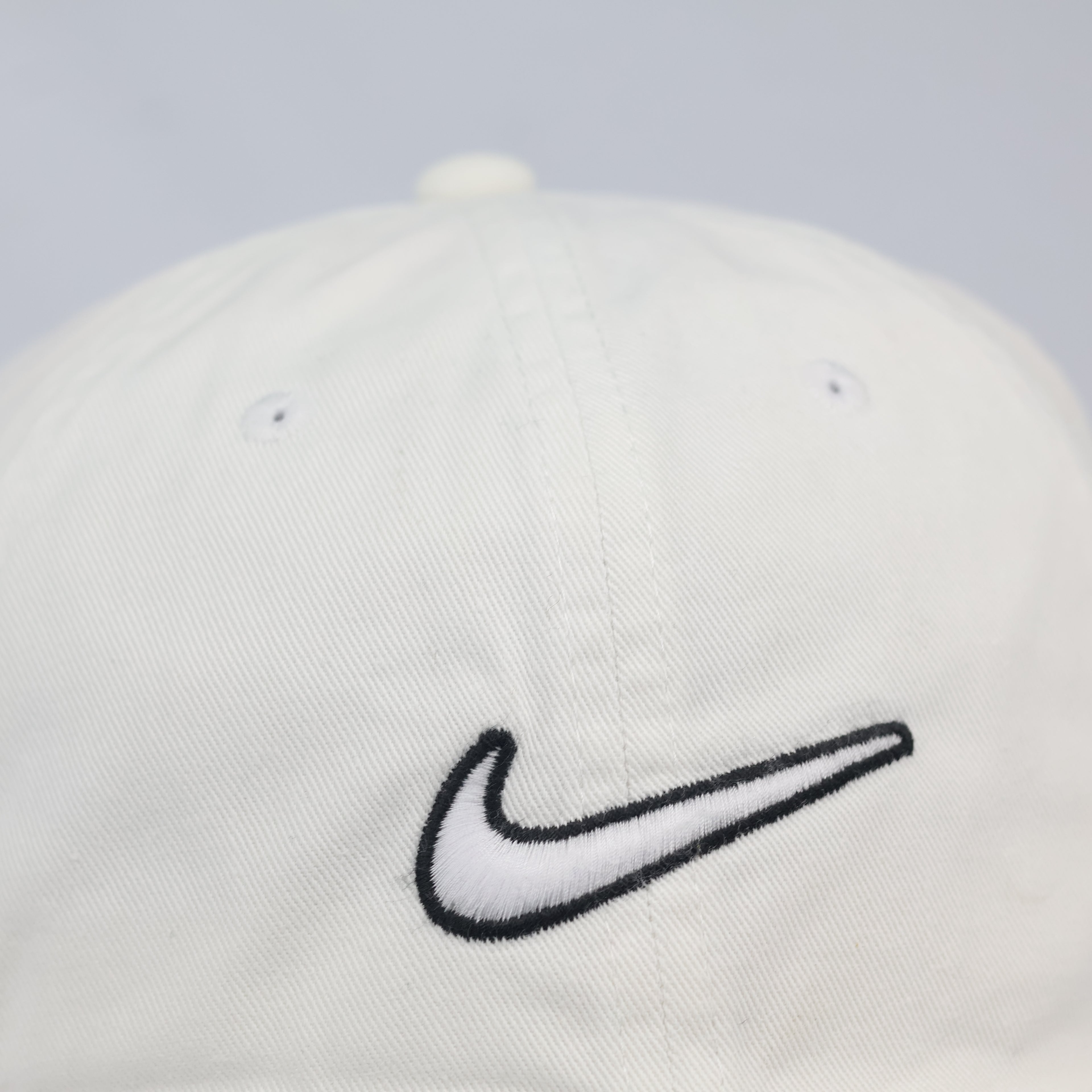 Nike unstructured Cream Dad Hat with Black Outline Thrifted Swoosh