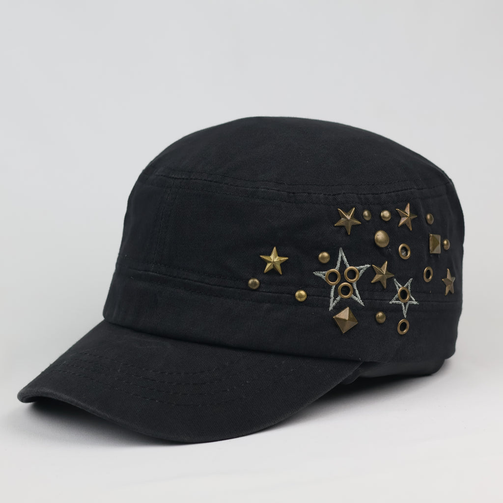Grunge Punk Black Canvas Star Patch Studded Cadet Hat
