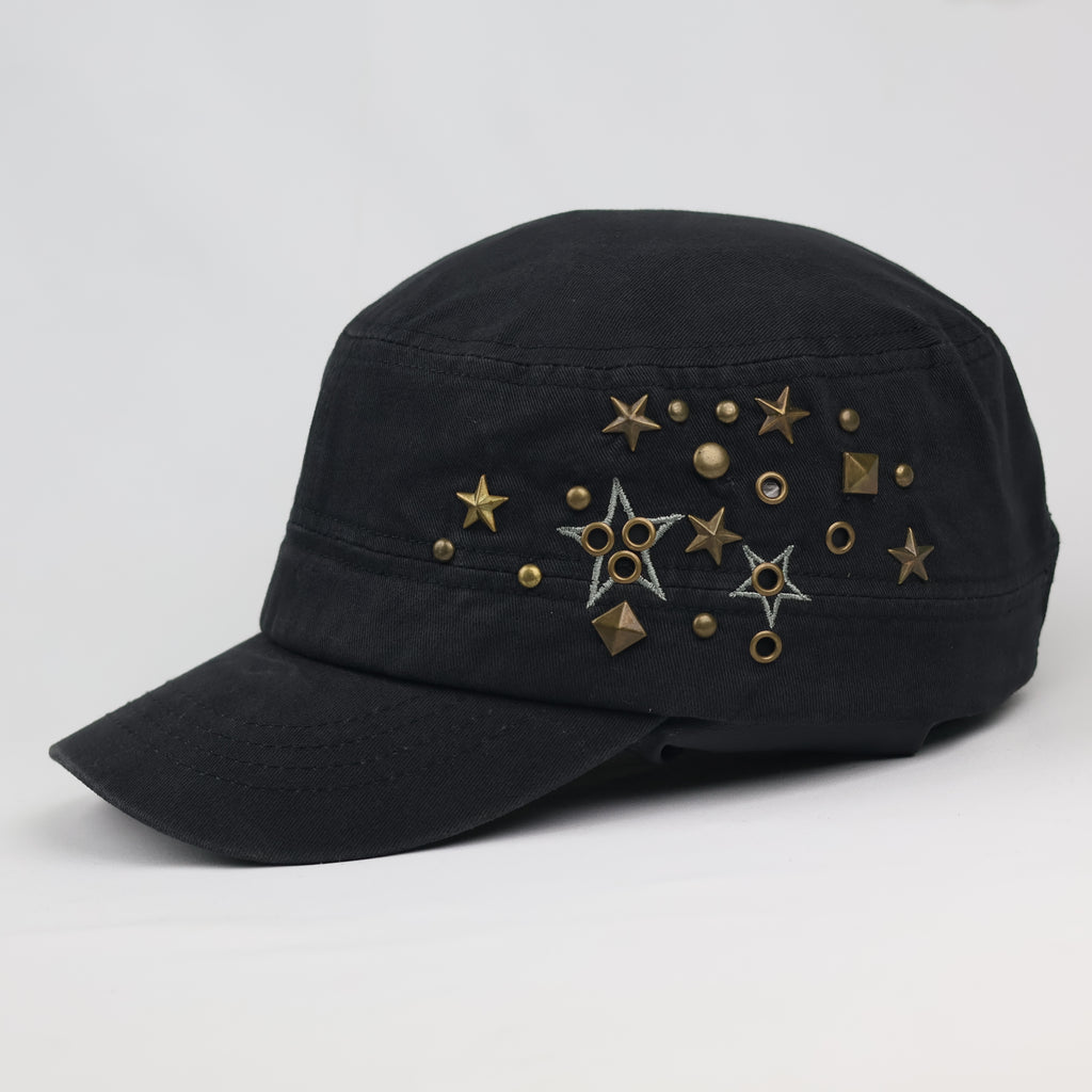 Grunge Punk Black Canvas Star Patch Studded Cadet Hat