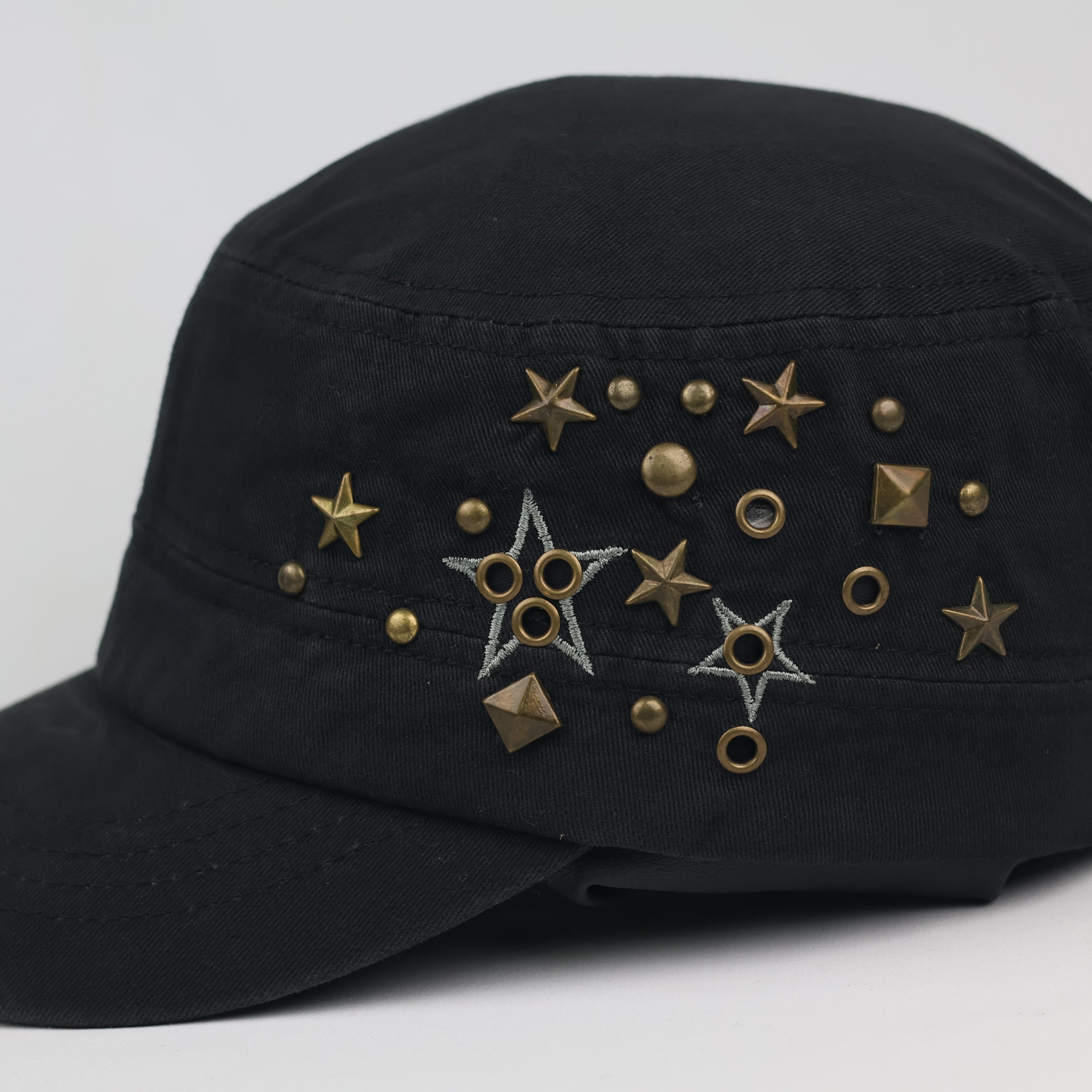 Grunge Punk Black Canvas Star Patch Studded Cadet Hat