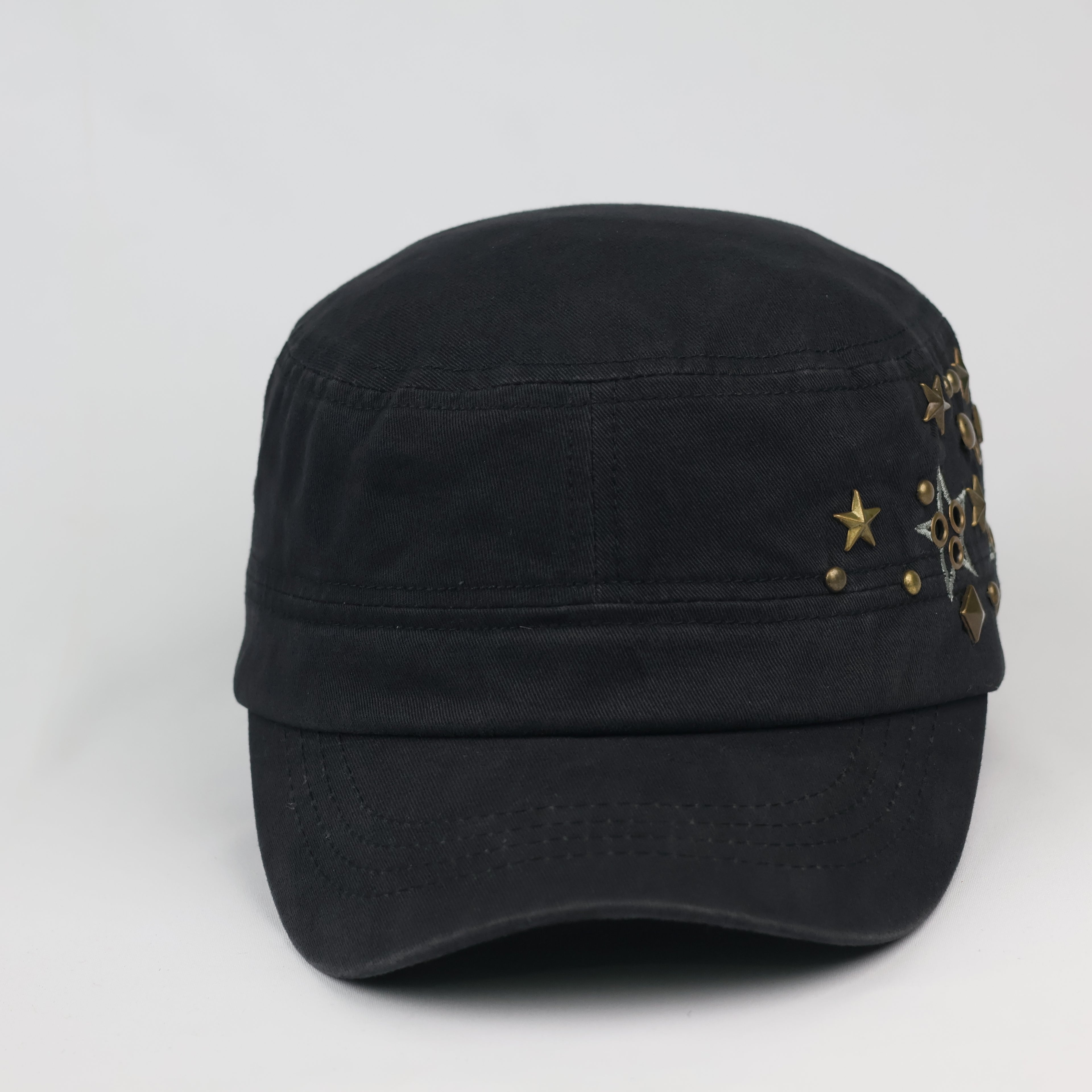 Grunge Punk Black Canvas Star Patch Studded Cadet Hat
