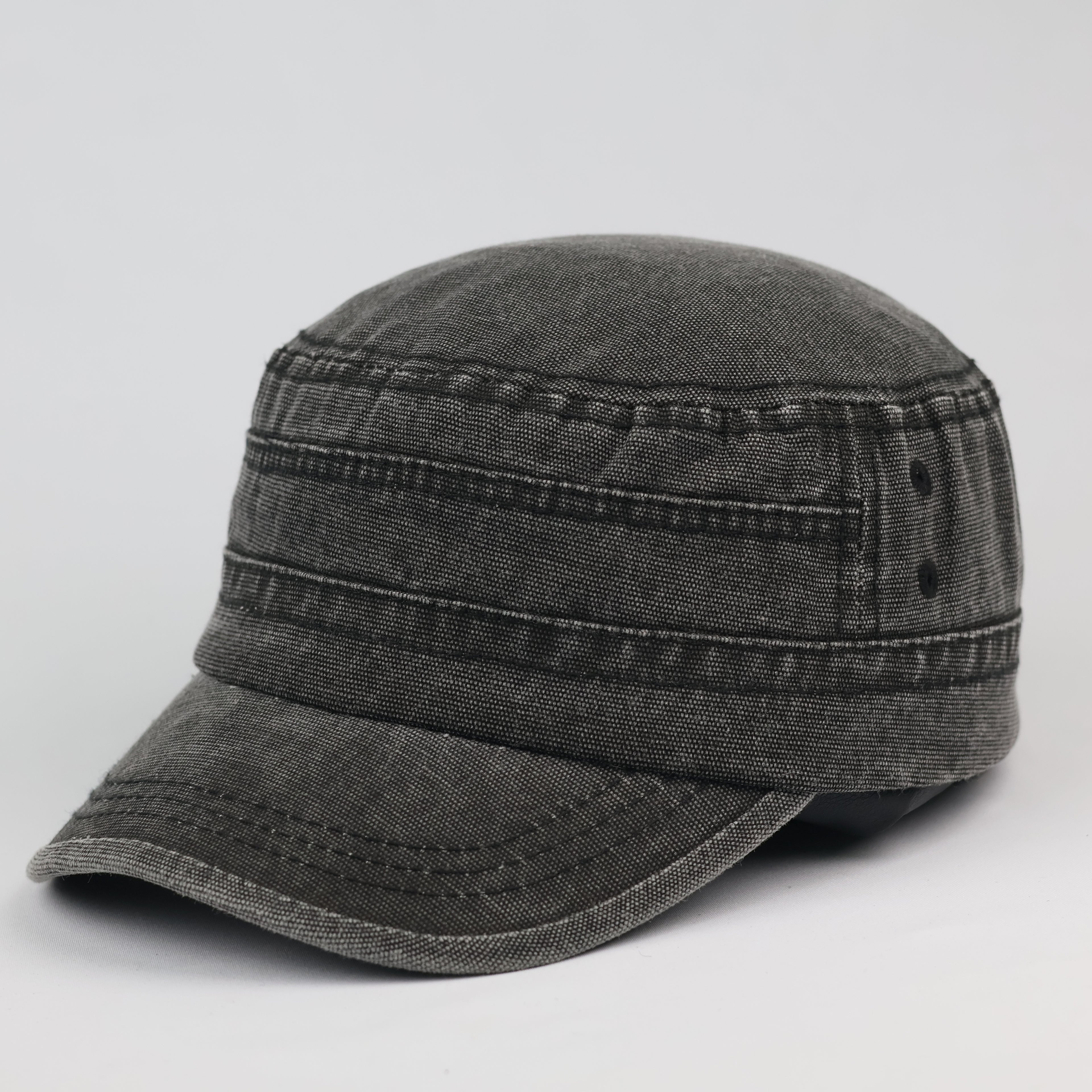 Distressed Charcoal Grey Flat Top Army Style Thrifted Cap