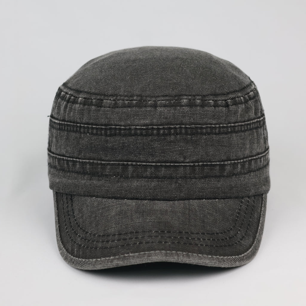 Distressed Charcoal Grey Flat Top Army Style Thrifted Cap
