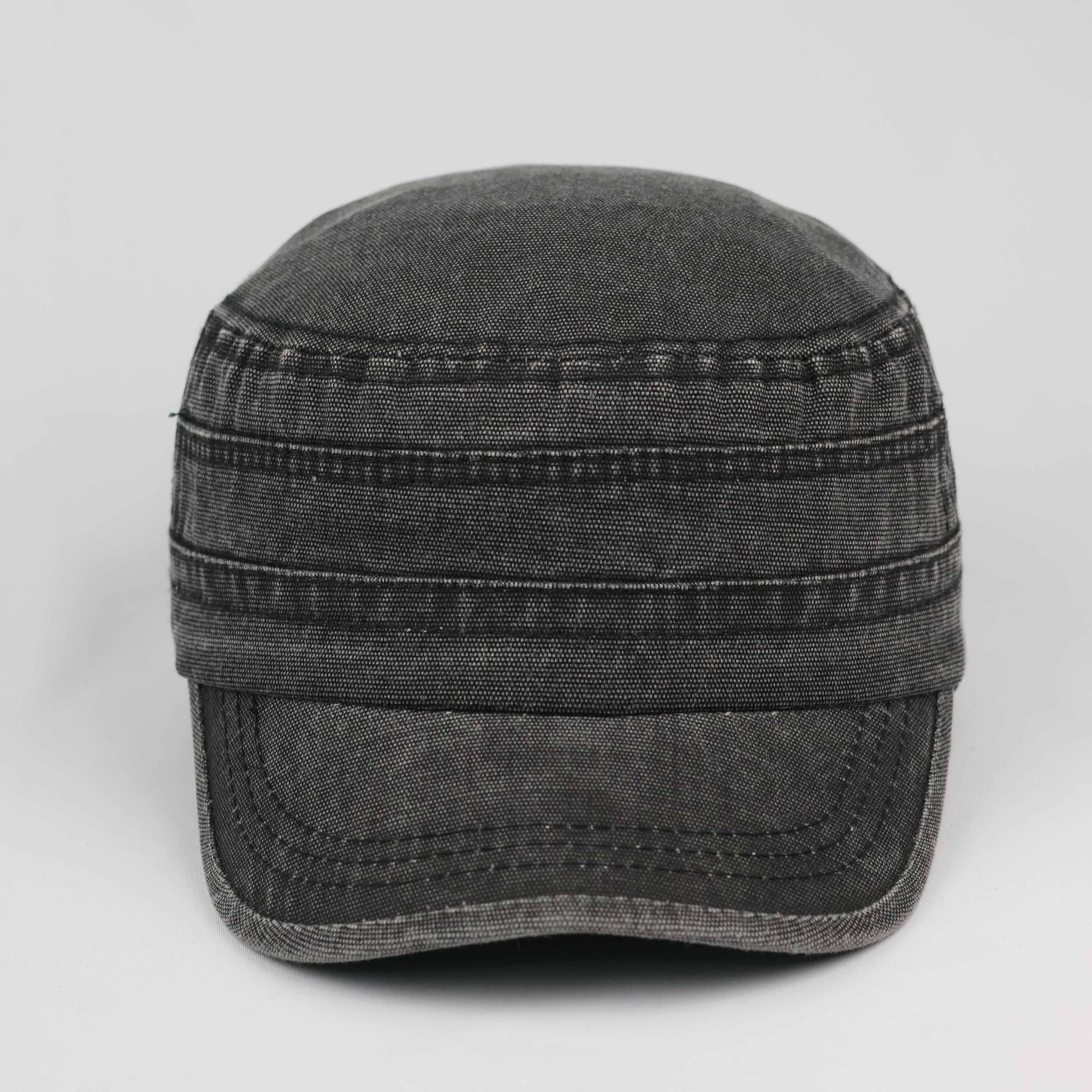Distressed Charcoal Grey Flat Top Army Style Thrifted Cap