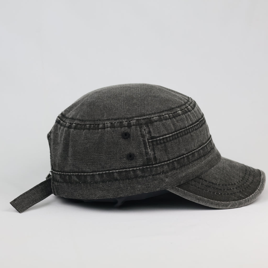 Distressed Charcoal Grey Flat Top Army Style Thrifted Cap