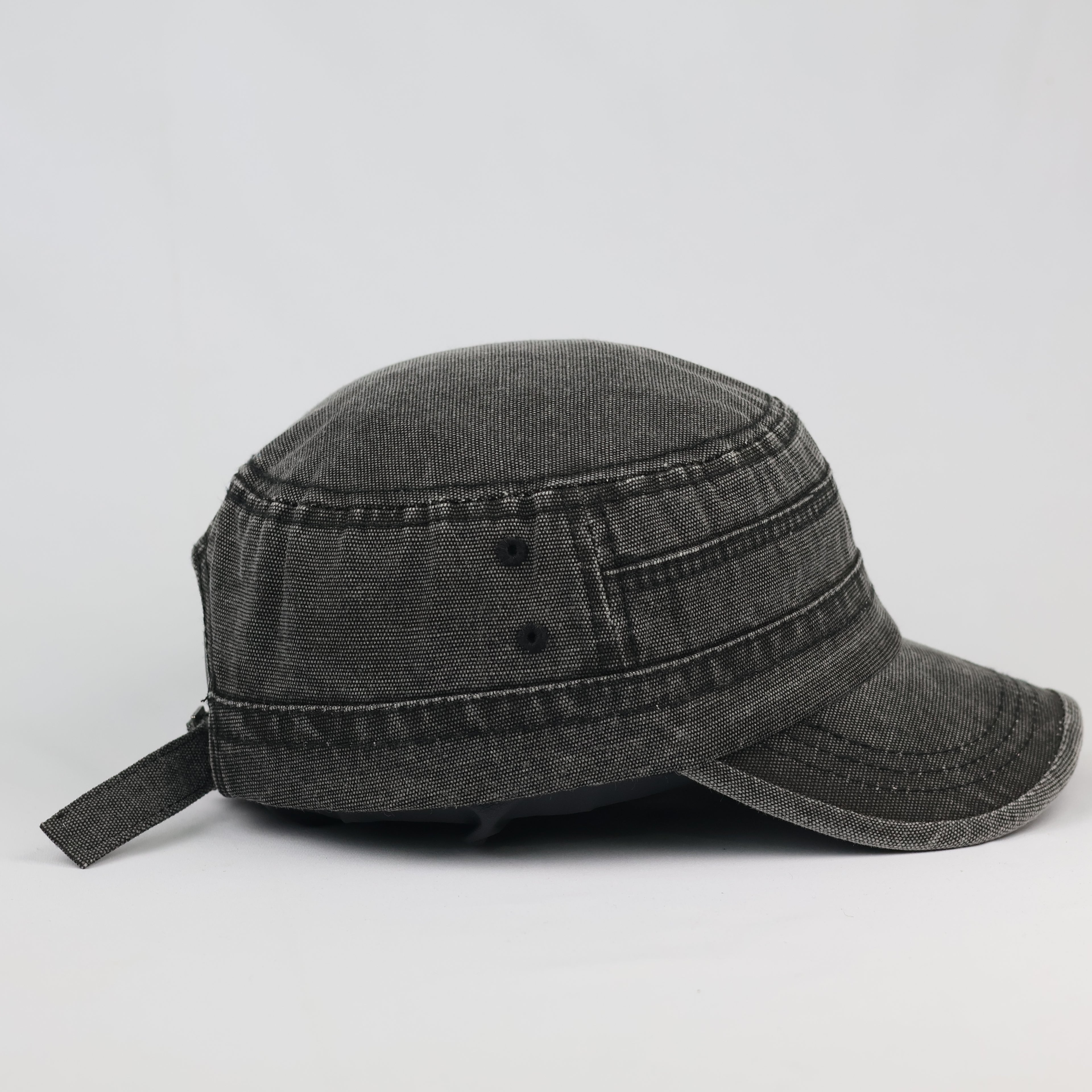 Distressed Charcoal Grey Flat Top Army Style Thrifted Cap