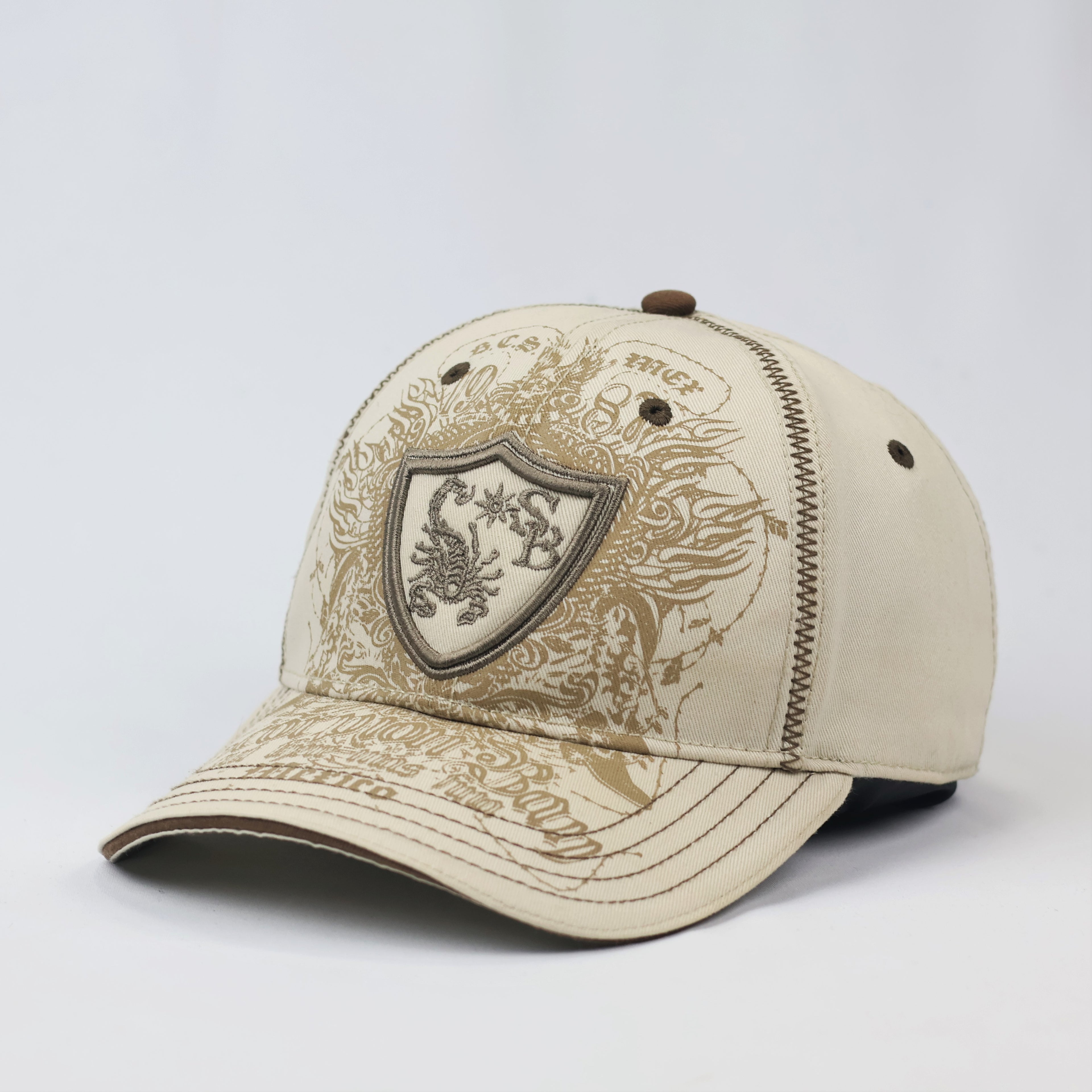 Scorpion Bay Vintage Graphic Thrifted Baseball Cap - Beige & Brown Biker Hat