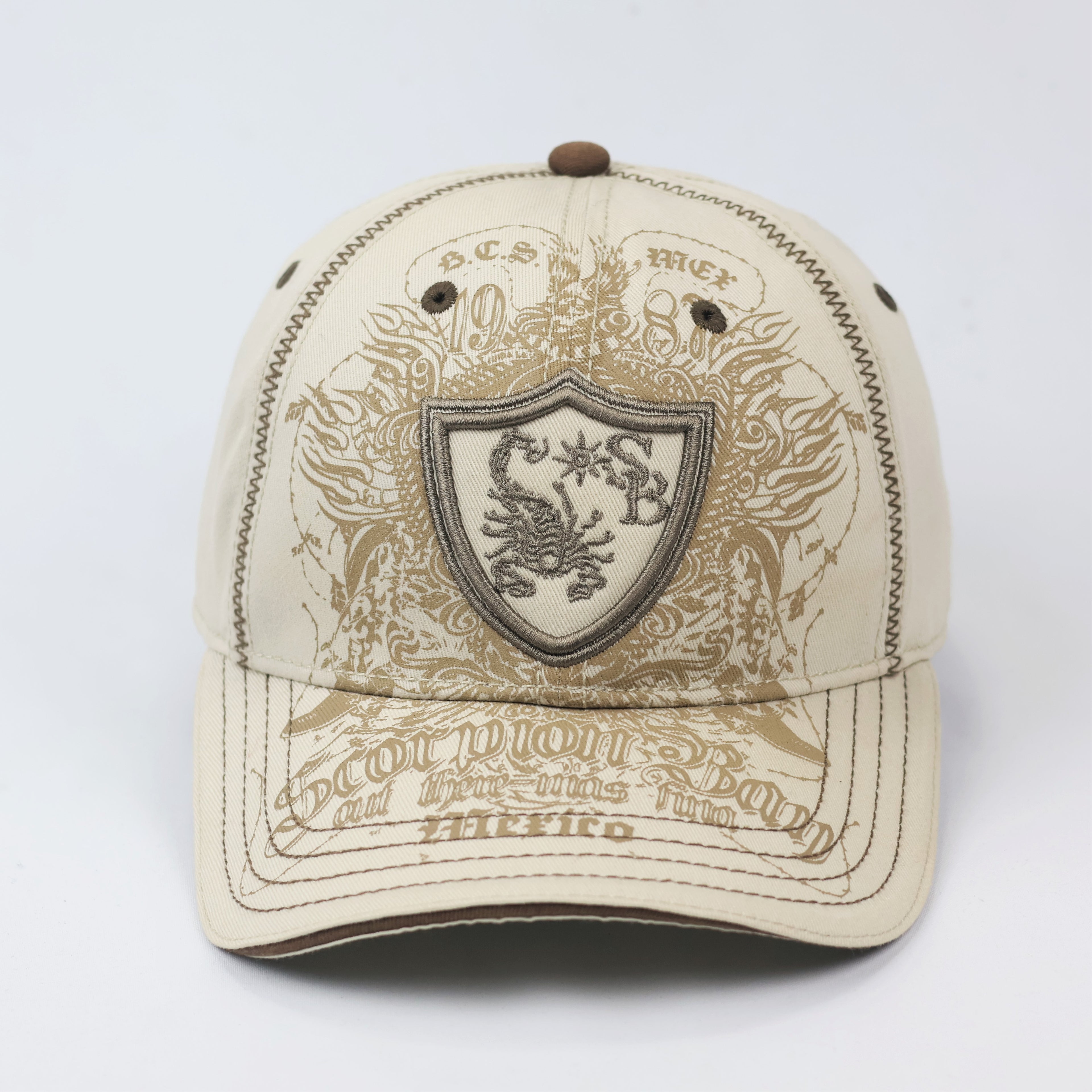 Scorpion Bay Vintage Graphic Thrifted Baseball Cap - Beige & Brown Biker Hat