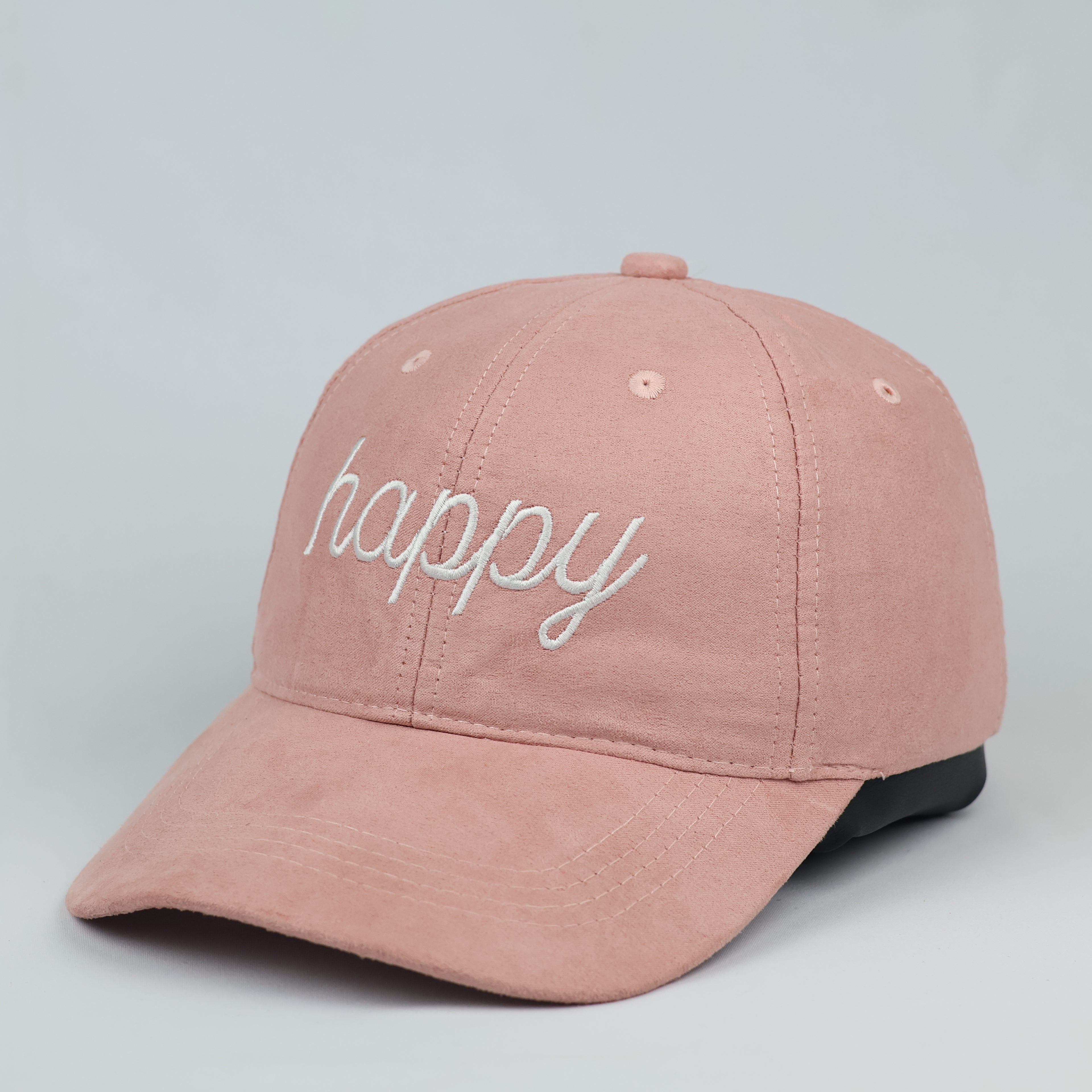 Pastel Pink Faux Suede Happy Script Embroidered Baseball Cap